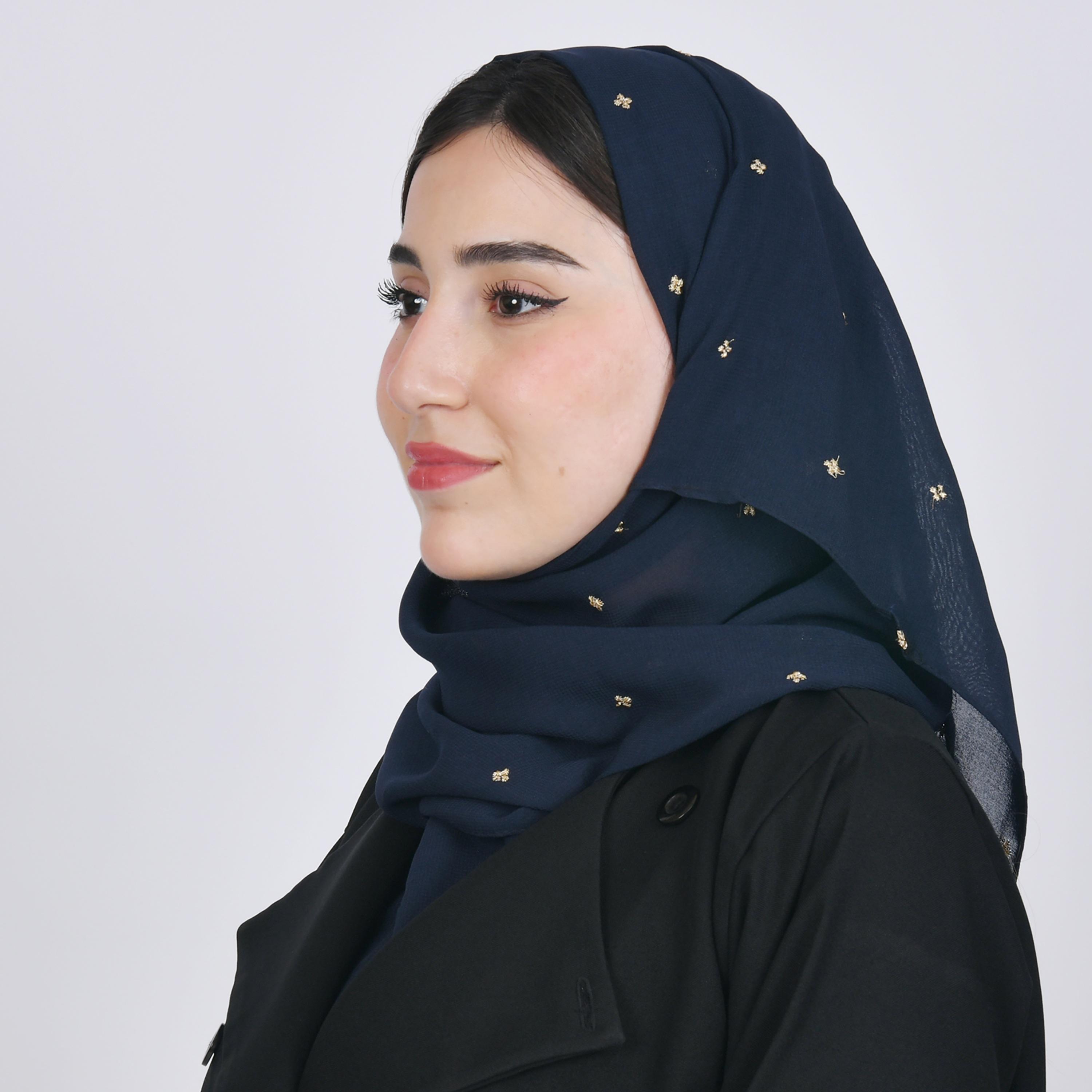 Hawraa Navy Blue Embroidered Satin Hijab-women-arabicclothing-headscarf-hijab-image-4