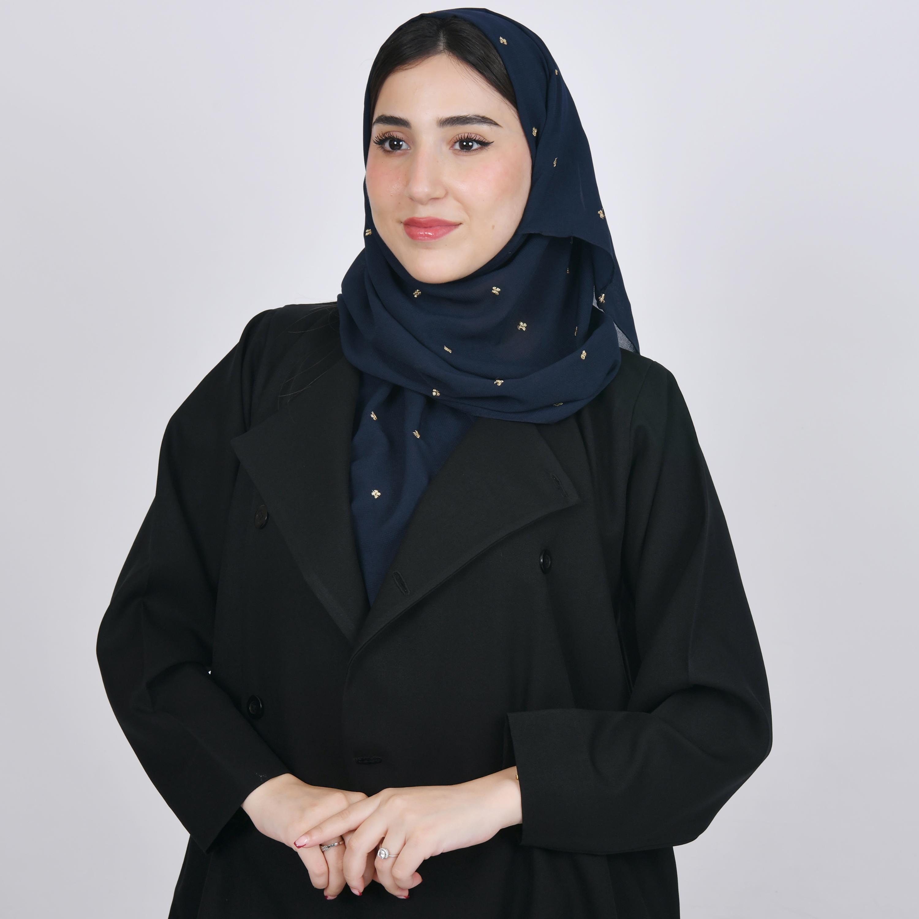 Hawraa Navy Blue Embroidered Satin Hijab-women-arabicclothing-headscarf-hijab-image-1