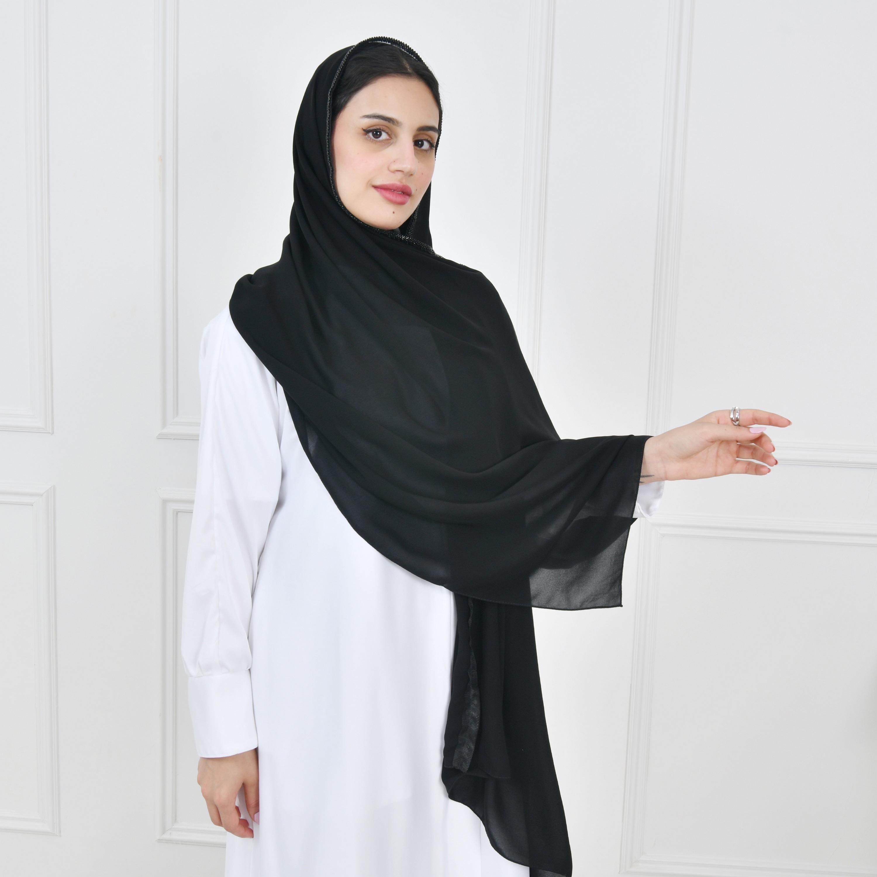 Hawraa Black Embellished Edge Silk Women Hijab-women-arabicclothing-headscarf-hijab-image-1