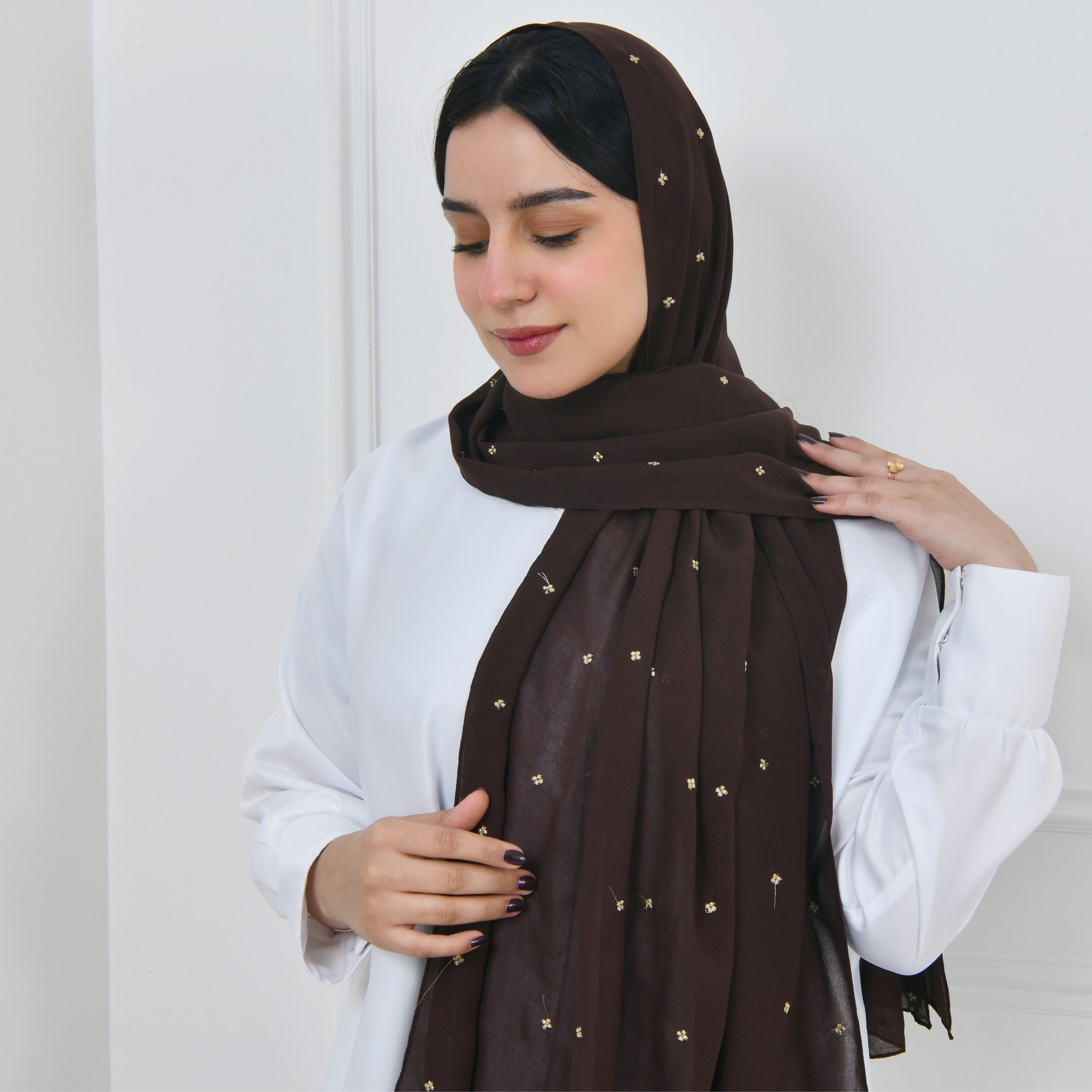 Hawraa Brown Embroidered Silk Women Hijab-women-arabicclothing-headscarf-hijab-image-1