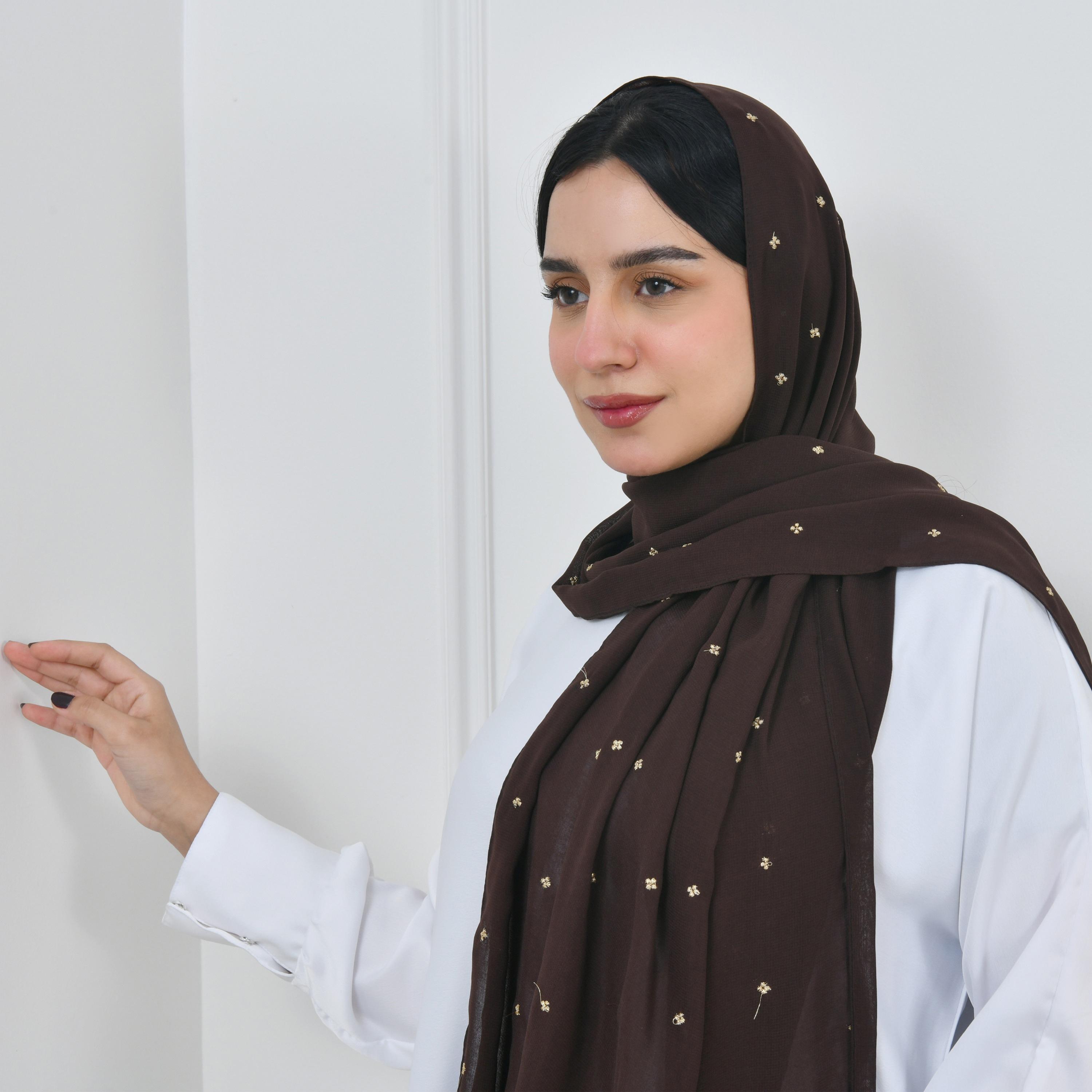 Hawraa Brown Embroidered Silk Women Hijab-women-arabicclothing-headscarf-hijab-image-2