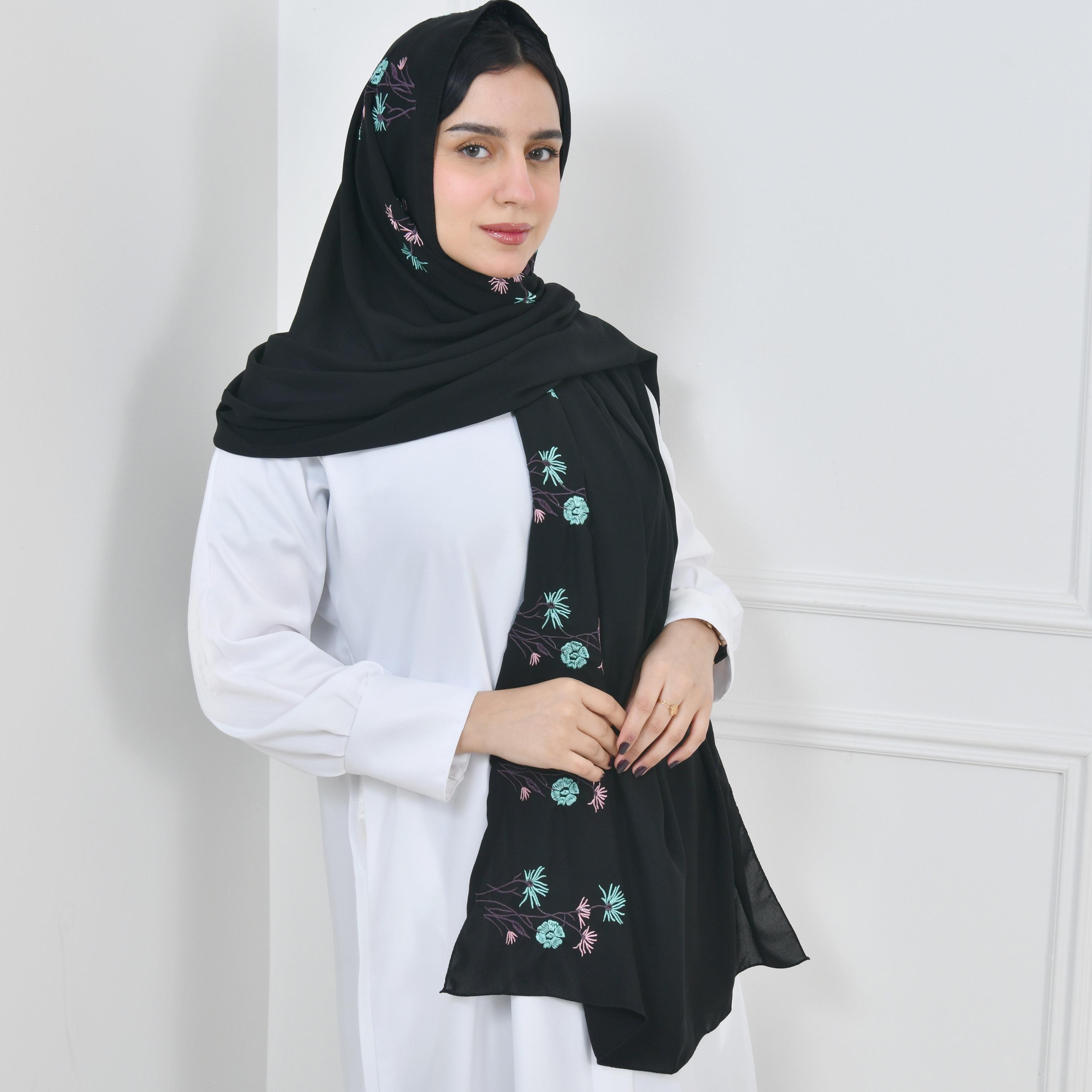 Hawraa Black Embroidered Linen Women Hijab-women-arabicclothing-headscarf-hijab-image-1