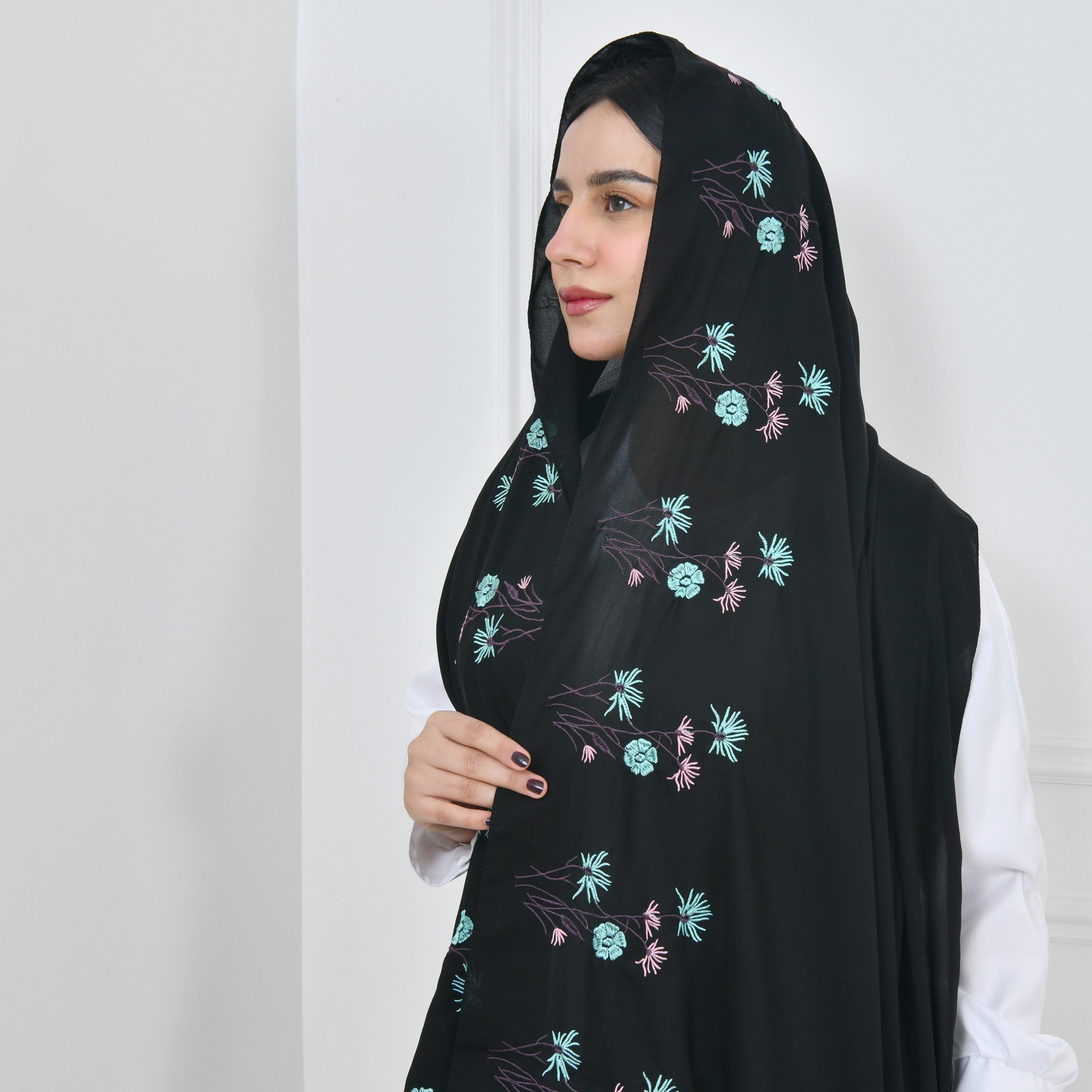 Hawraa Black Embroidered Linen Women Hijab-women-arabicclothing-headscarf-hijab-image-2