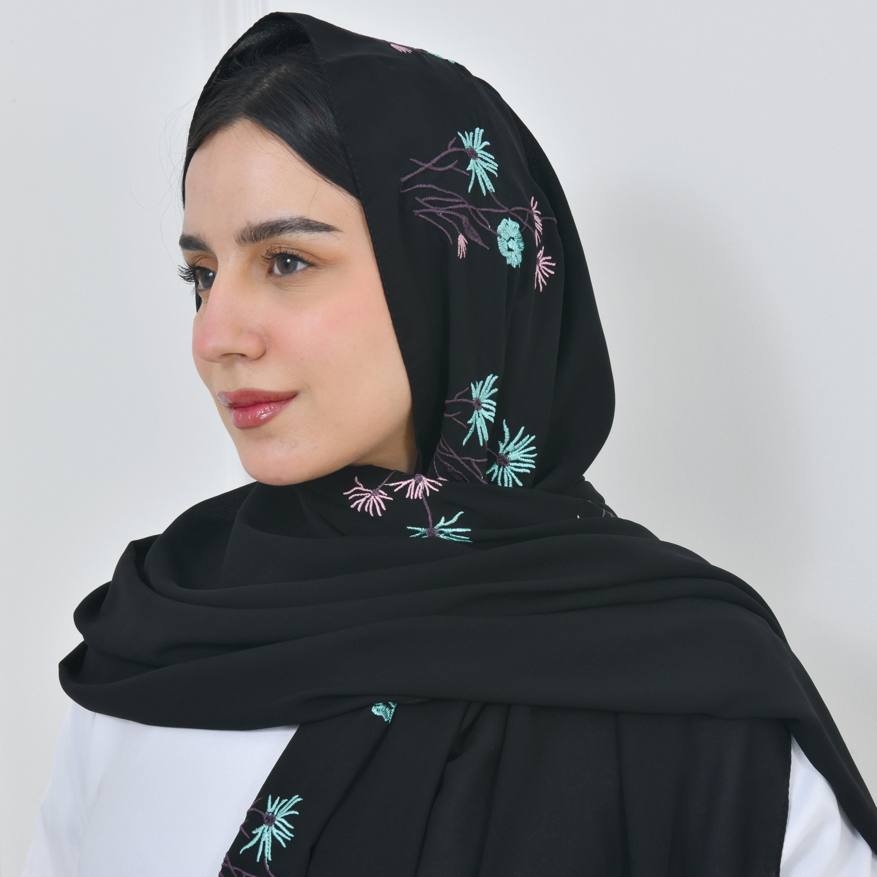 Hawraa Black Embroidered Linen Women Hijab-women-arabicclothing-headscarf-hijab-image-3
