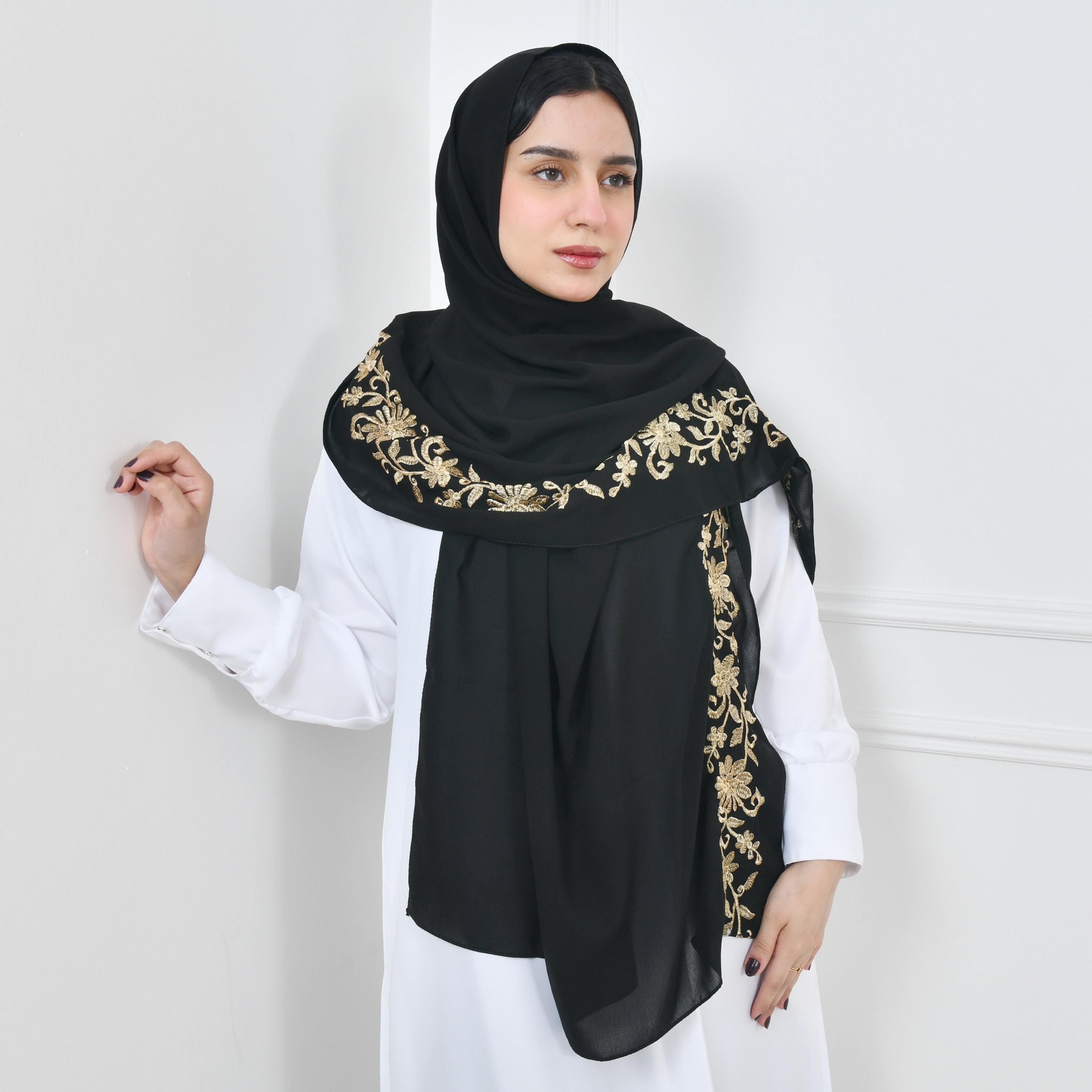 Hawraa Black Embroidered Linen Women Hijab-women-arabicclothing-headscarf-hijab-image-1