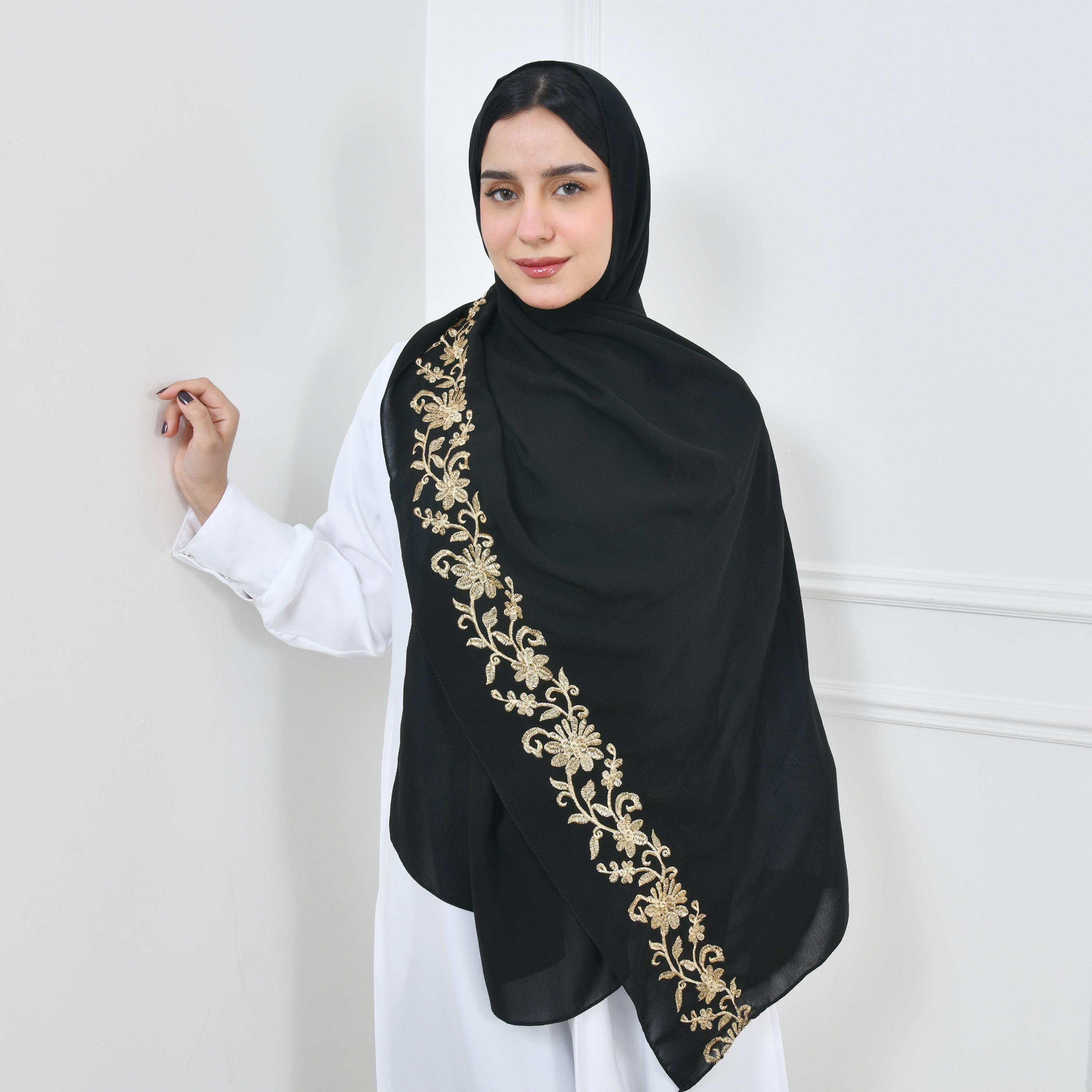 Hawraa Black Embroidered Linen Women Hijab-women-arabicclothing-headscarf-hijab-image-2