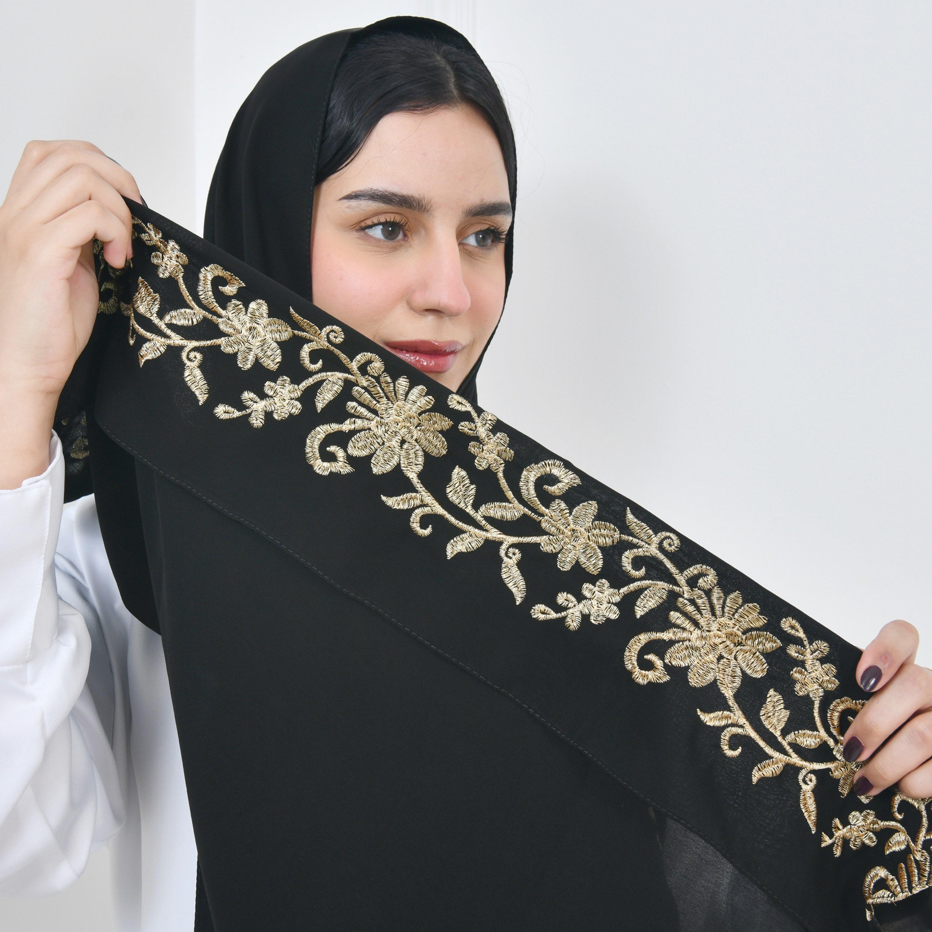 Hawraa Black Embroidered Linen Women Hijab-women-arabicclothing-headscarf-hijab-image-3