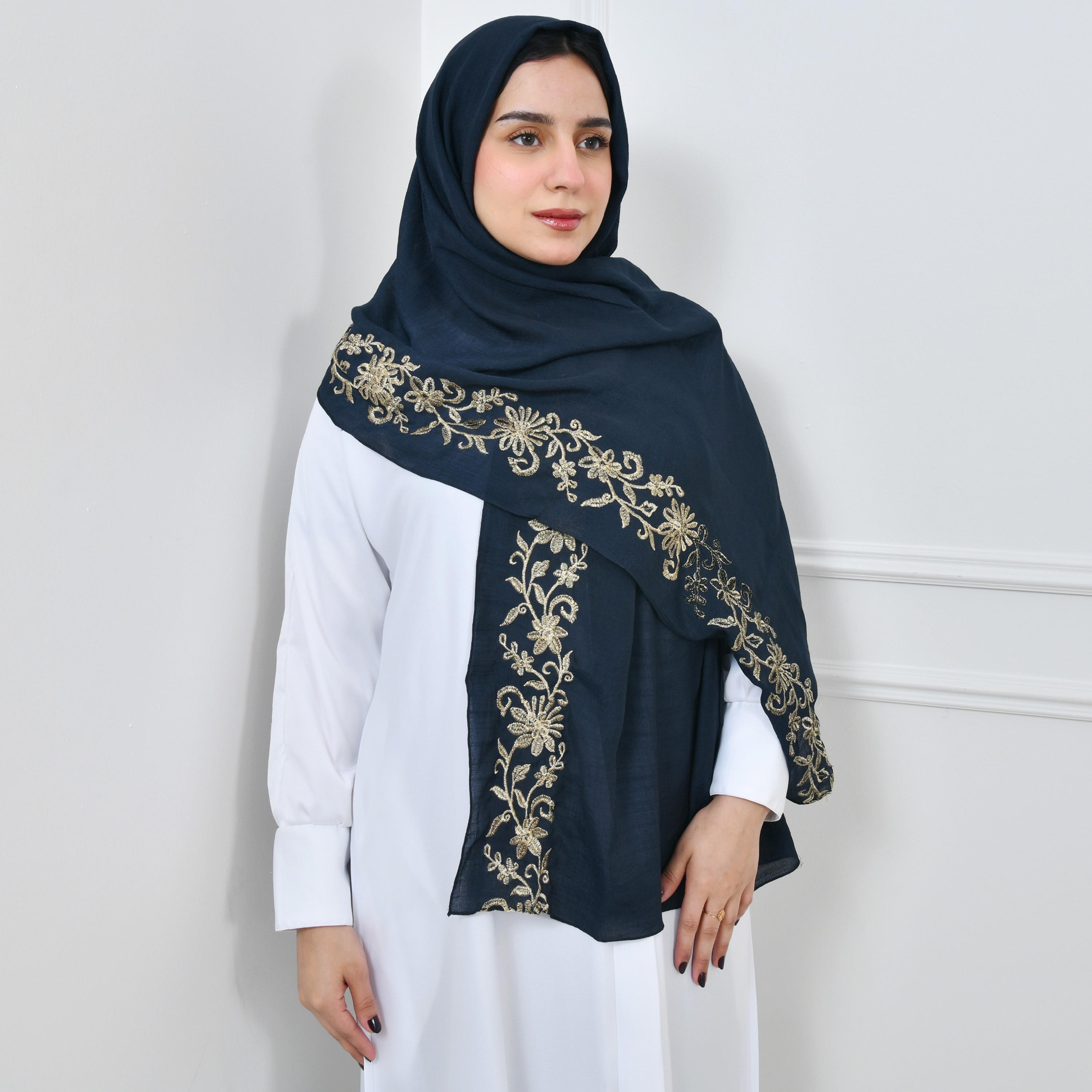 Hawraa Blue Embroidered Linen Women Hijab-women-arabicclothing-headscarf-hijab-image-1