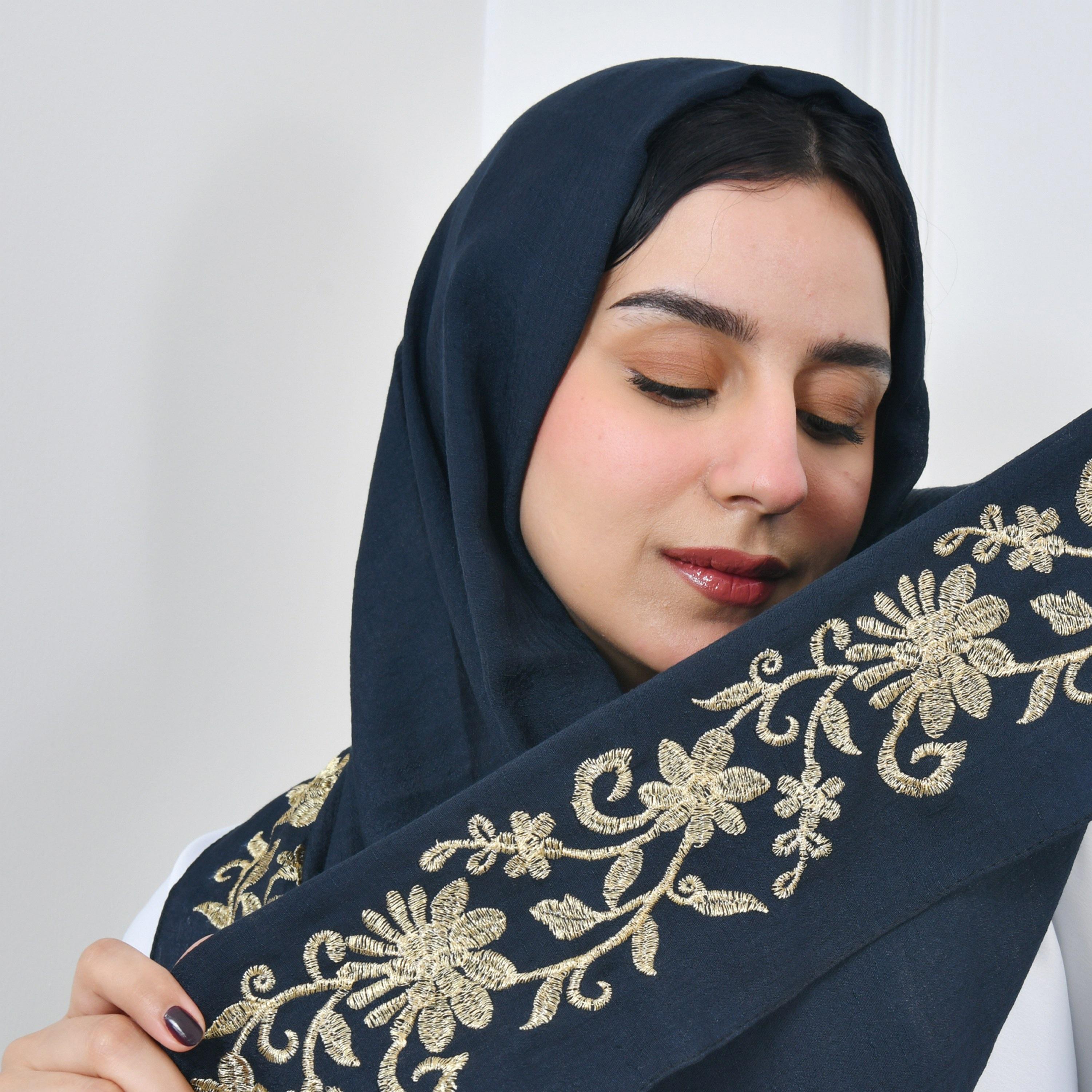 Hawraa Blue Embroidered Linen Women Hijab-women-arabicclothing-headscarf-hijab-image-2