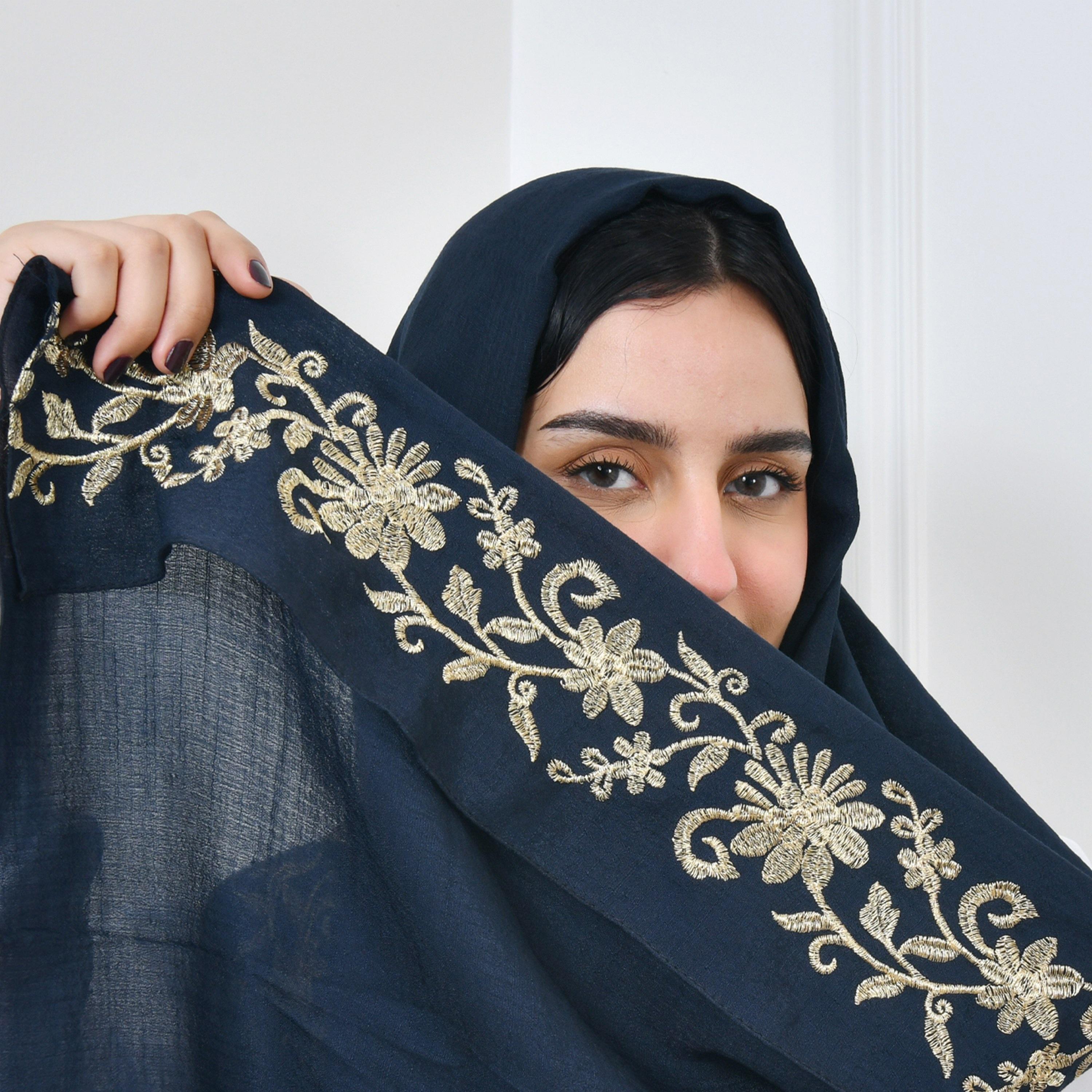 Hawraa Blue Embroidered Linen Women Hijab-women-arabicclothing-headscarf-hijab-image-3