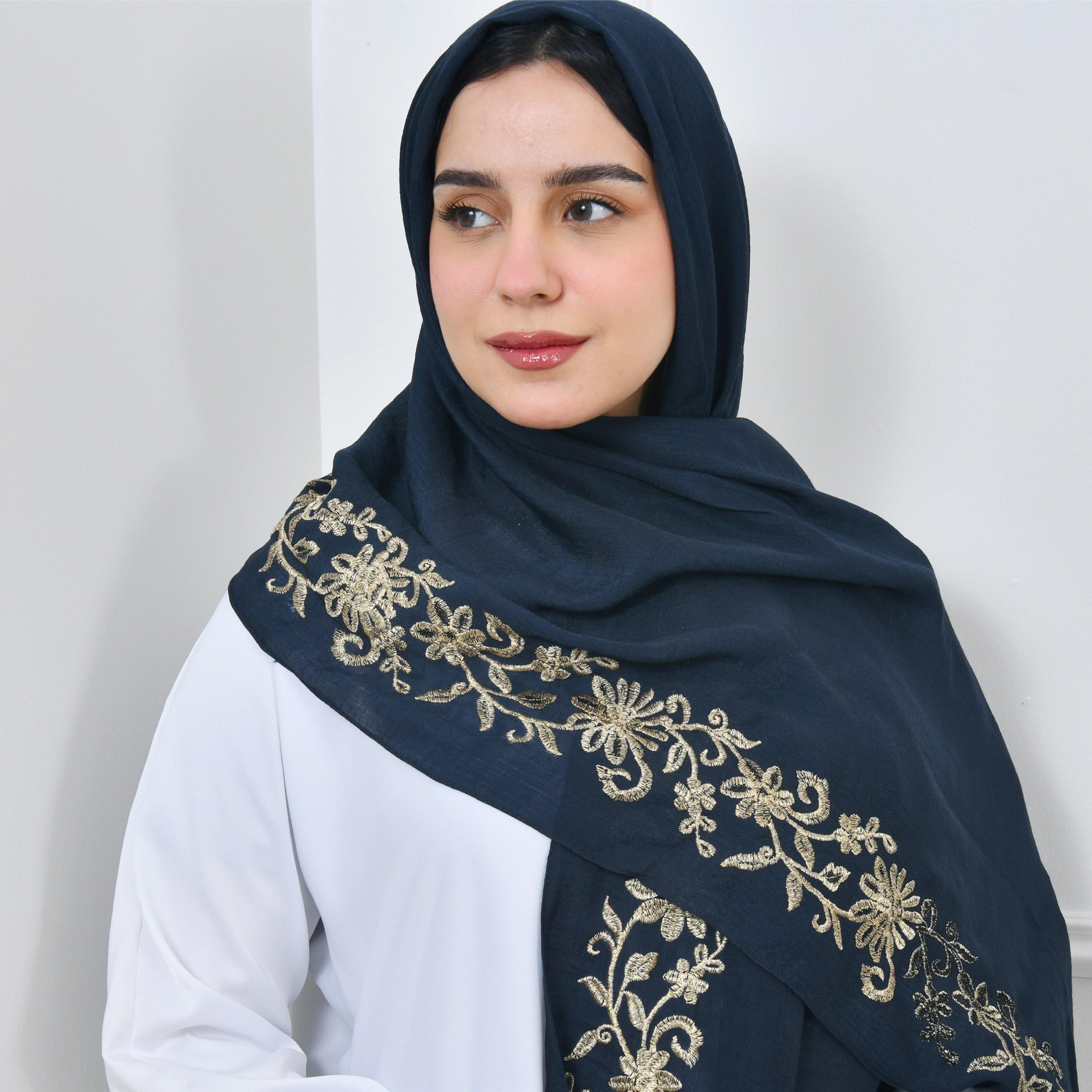 Hawraa Blue Embroidered Linen Women Hijab-women-arabicclothing-headscarf-hijab-image-4