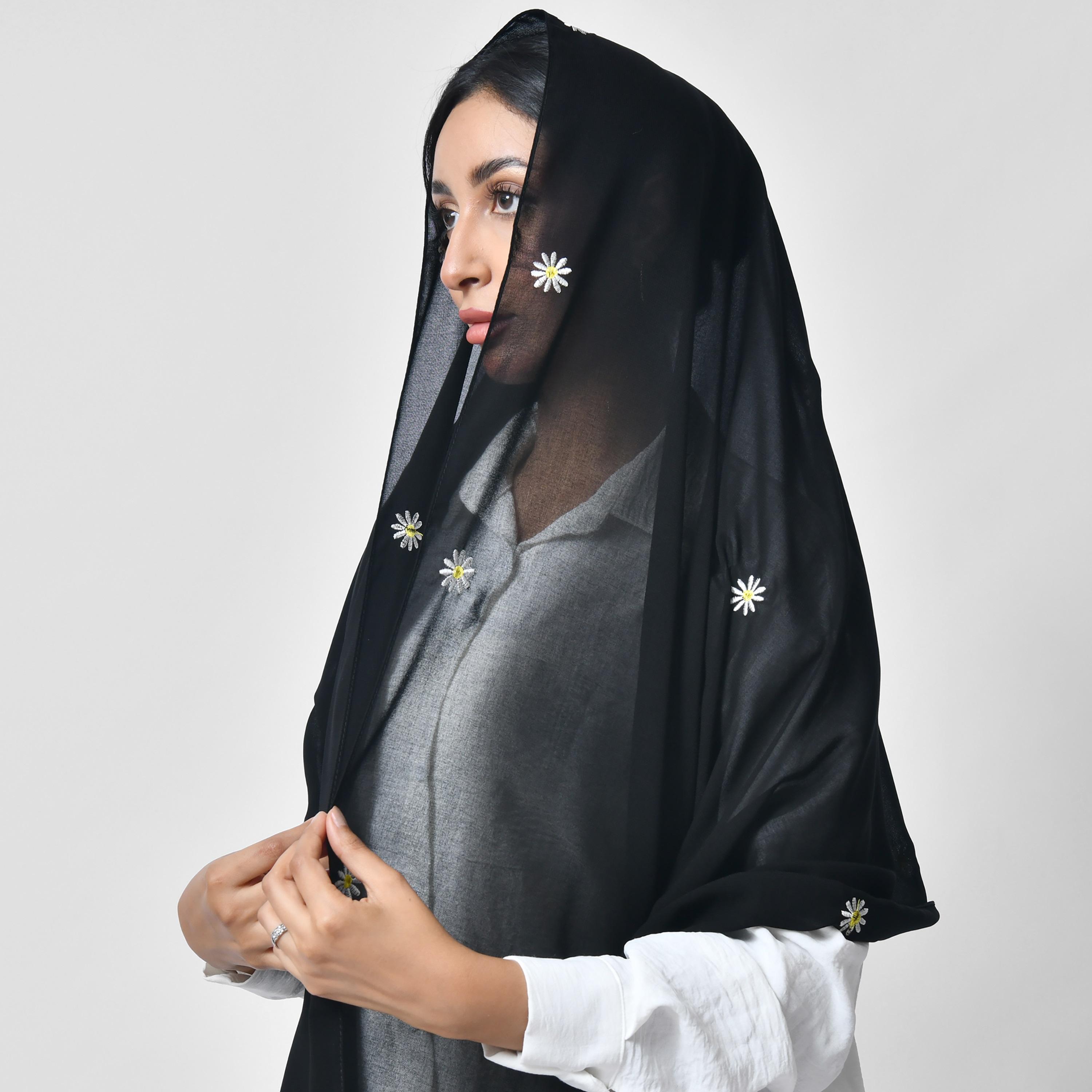 Hawraa Black Embroidered Silk Women's Veil-women-arabicclothing-headscarf-hijab-image-2