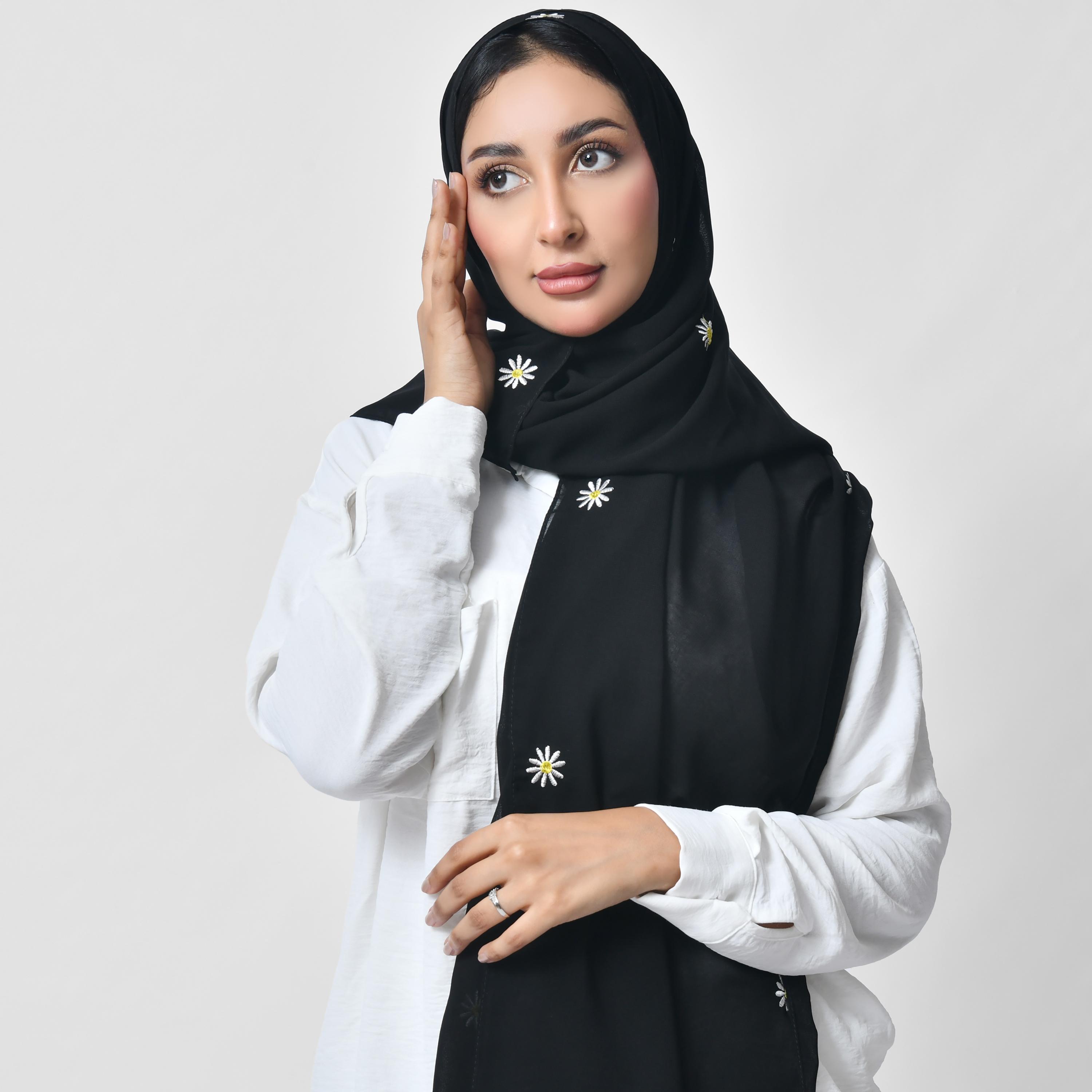 Hawraa Black Embroidered Silk Women's Veil-women-arabicclothing-headscarf-hijab-image-3
