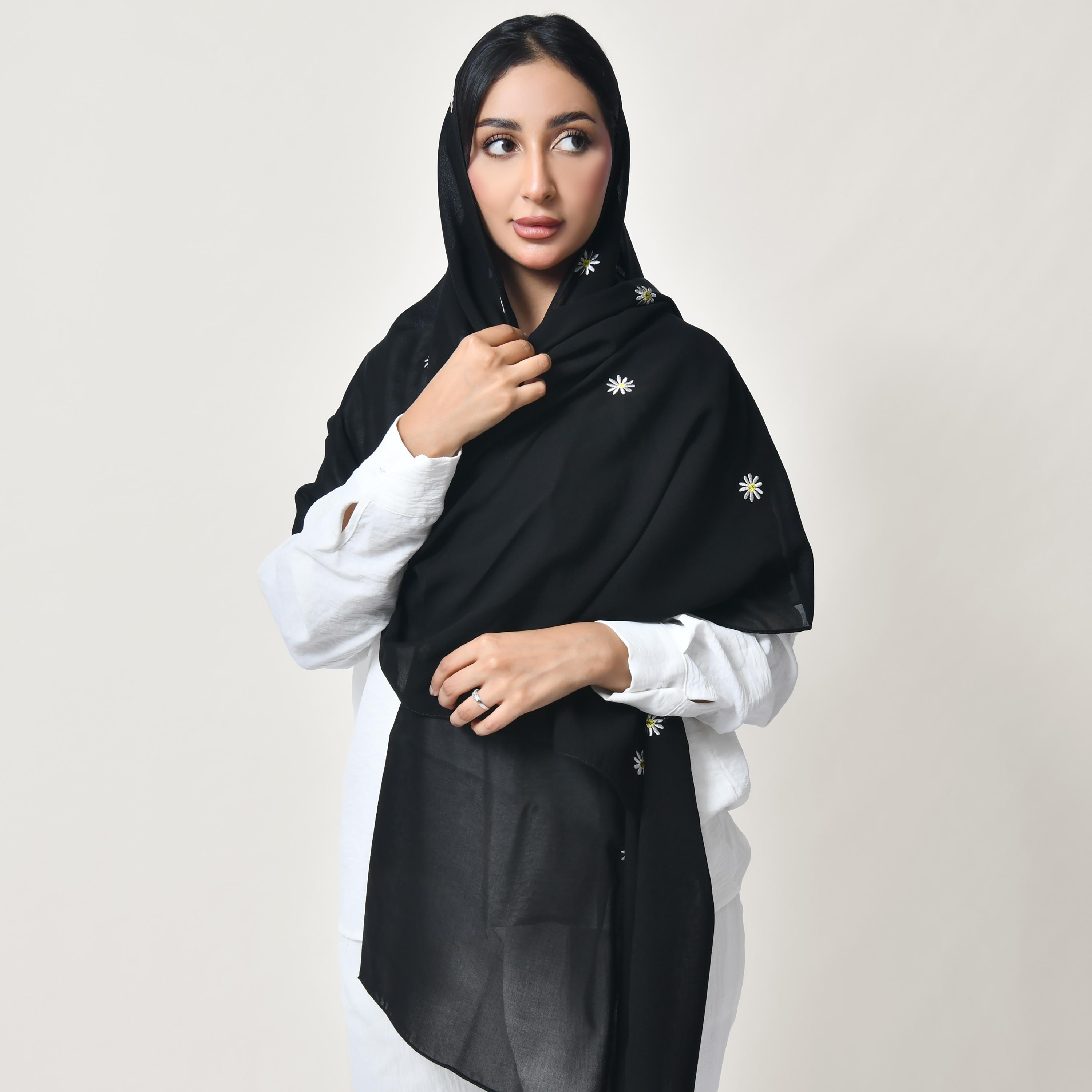Hawraa Black Embroidered Silk Women's Scarf-women-arabicclothing-headscarf-hijab-image-1