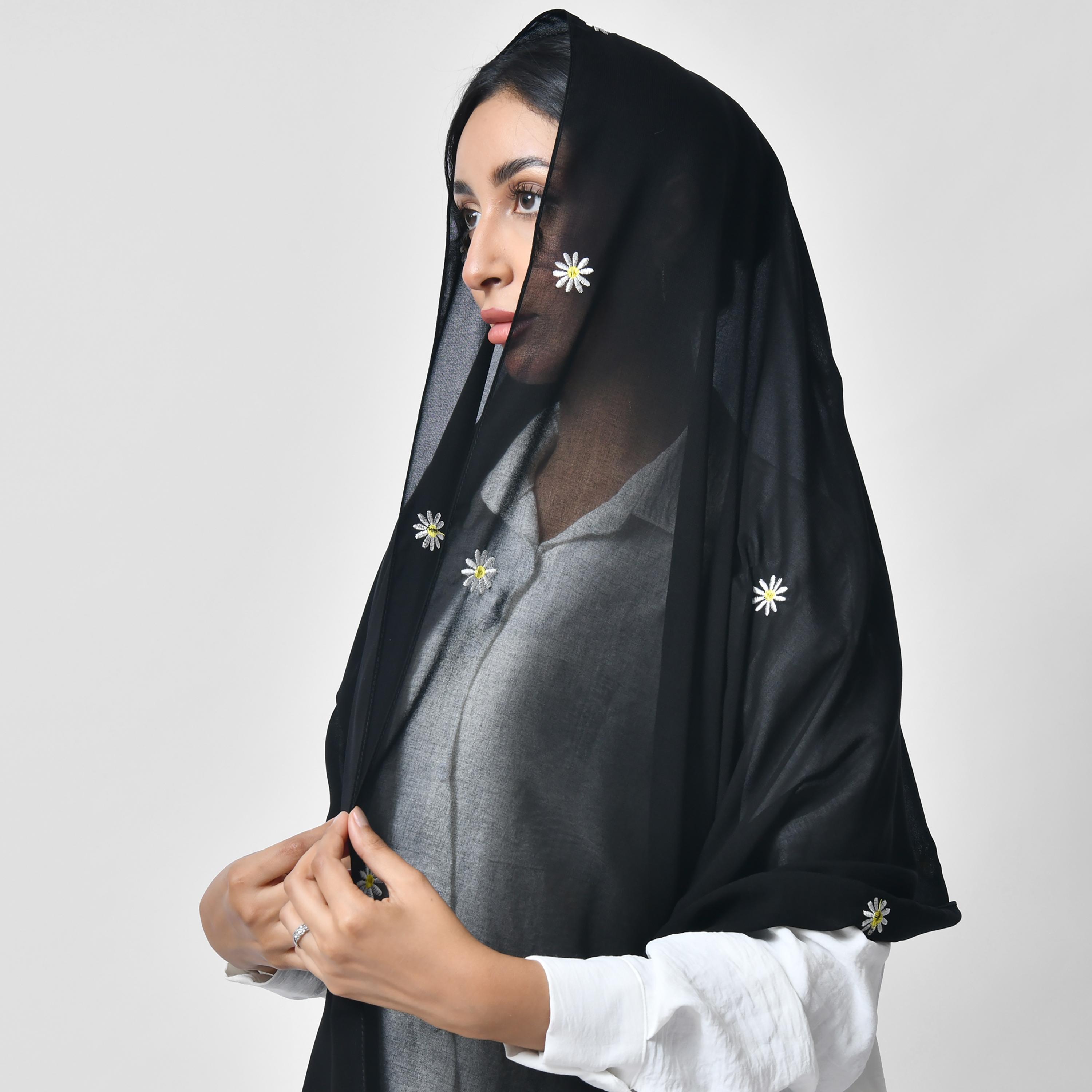 Hawraa Black Embroidered Silk Women's Scarf-women-arabicclothing-headscarf-hijab-image-2