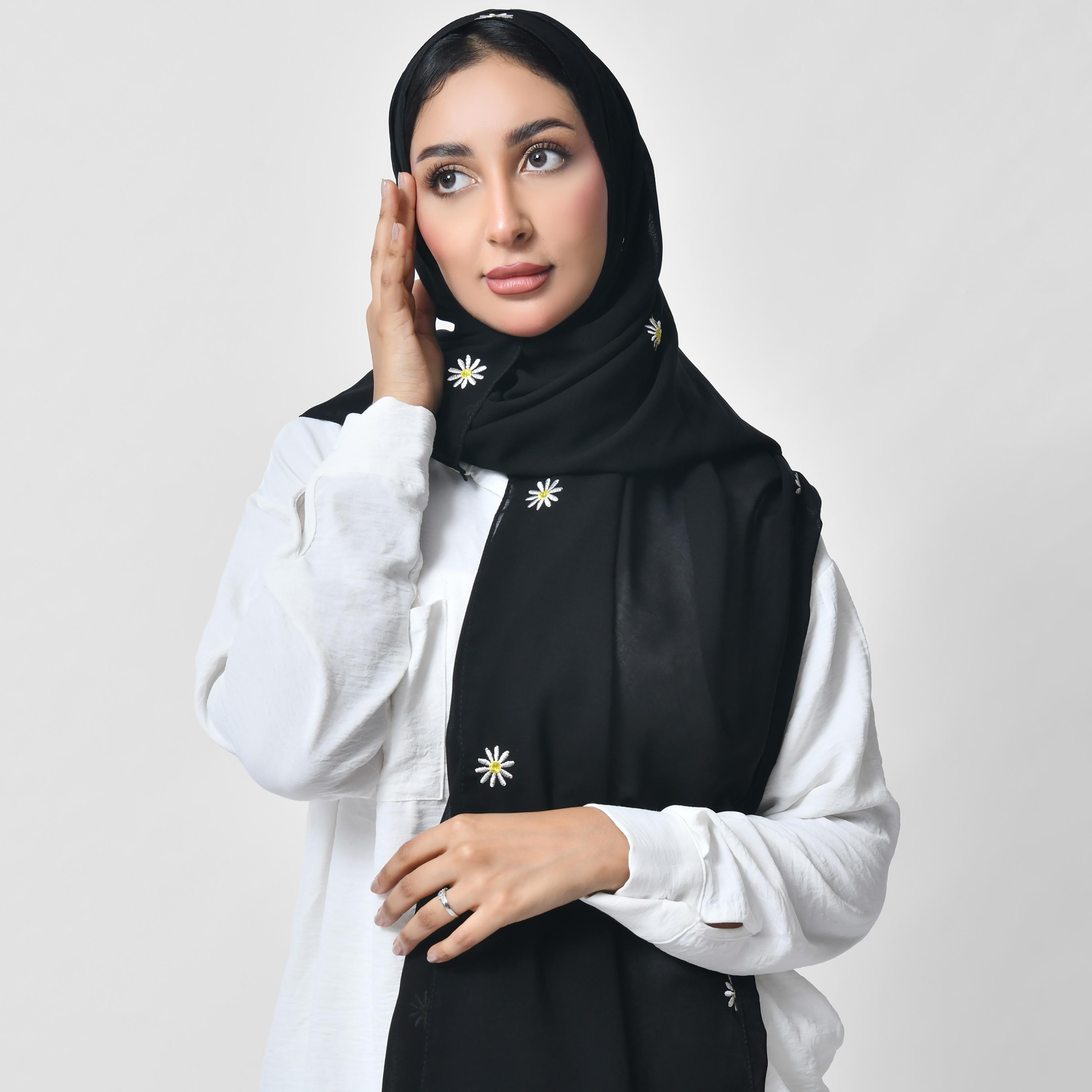Hawraa Black Embroidered Silk Women's Scarf-women-arabicclothing-headscarf-hijab-image-3