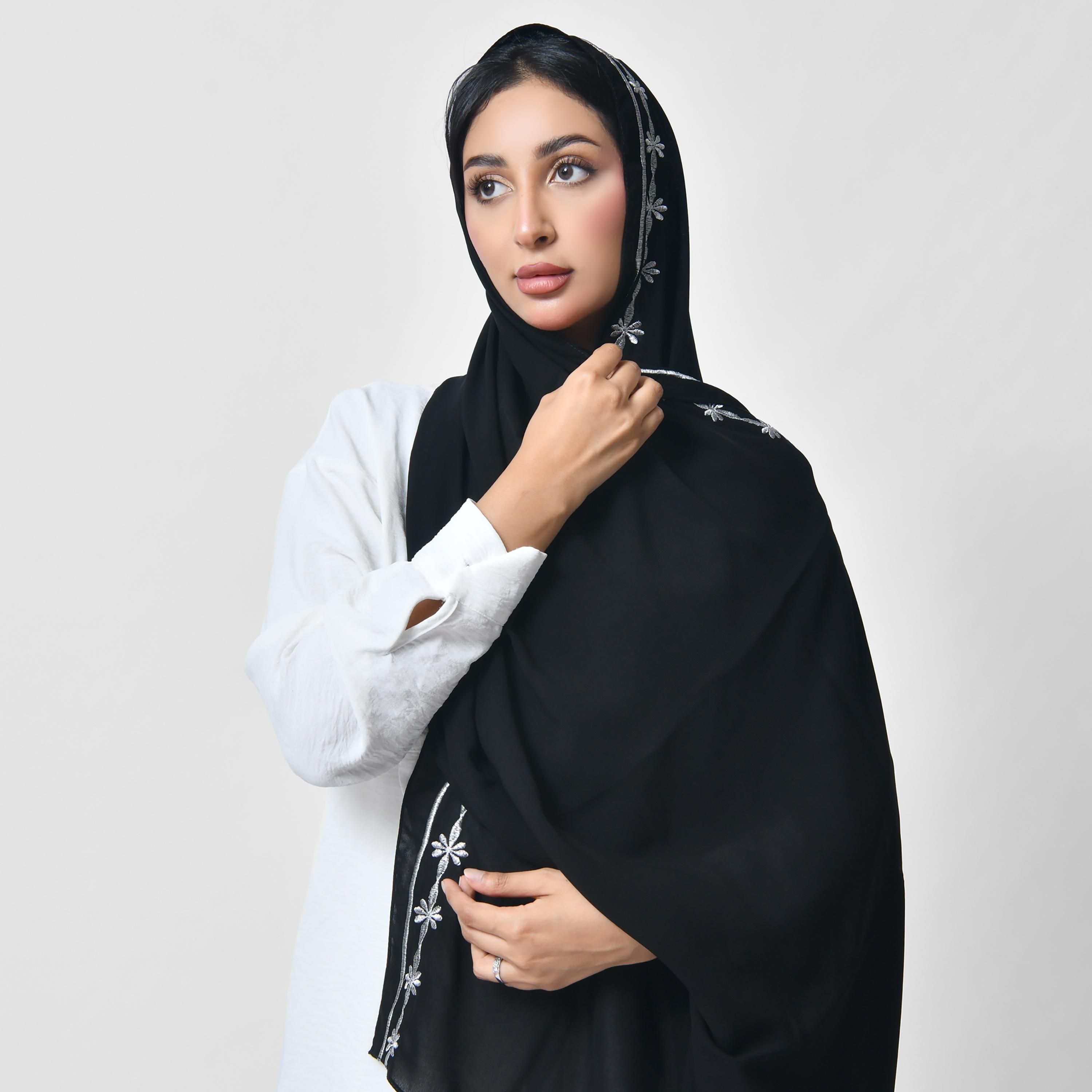 Hawraa Black Embroidered Silk Women's Veil-women-arabicclothing-headscarf-hijab-image-1