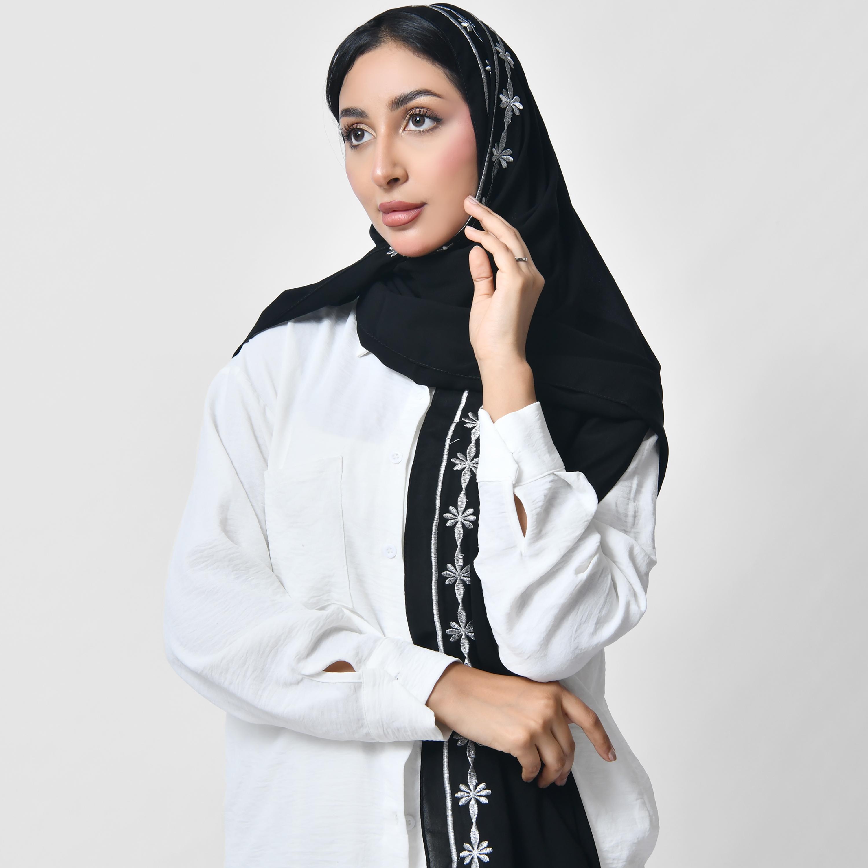 Hawraa Black Embroidered Silk Women's Veil-women-arabicclothing-headscarf-hijab-image-4