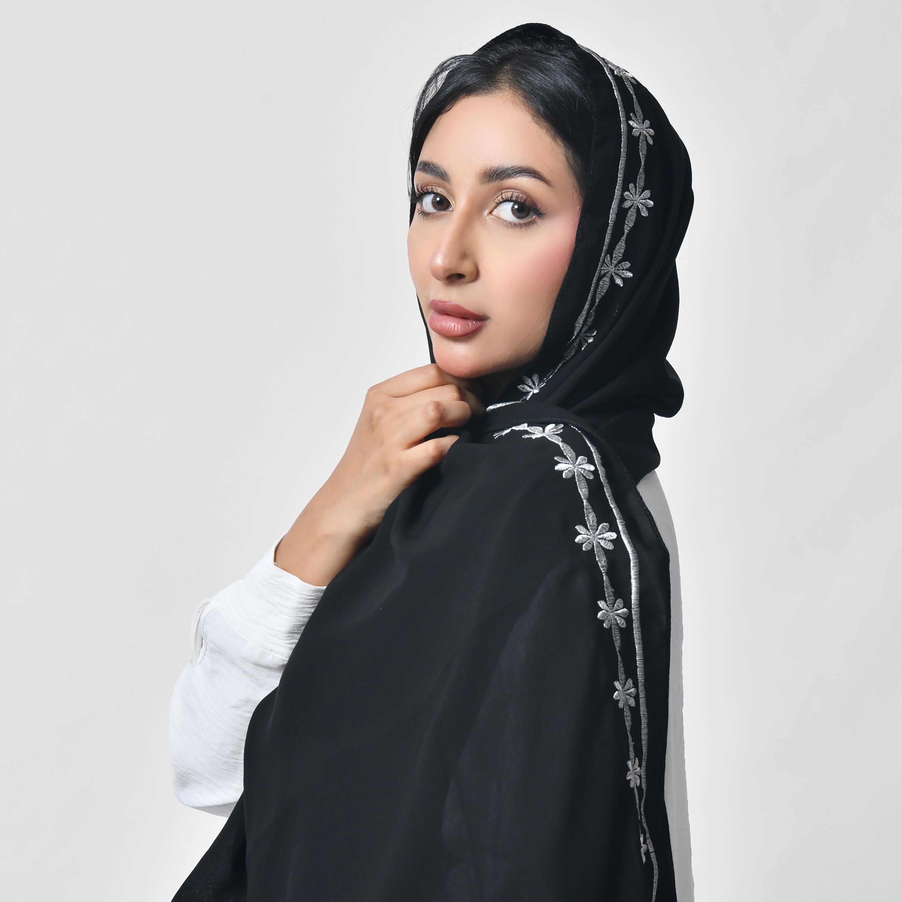 Hawraa Black Embroidered Silk Women's Veil-women-arabicclothing-headscarf-hijab-image-5