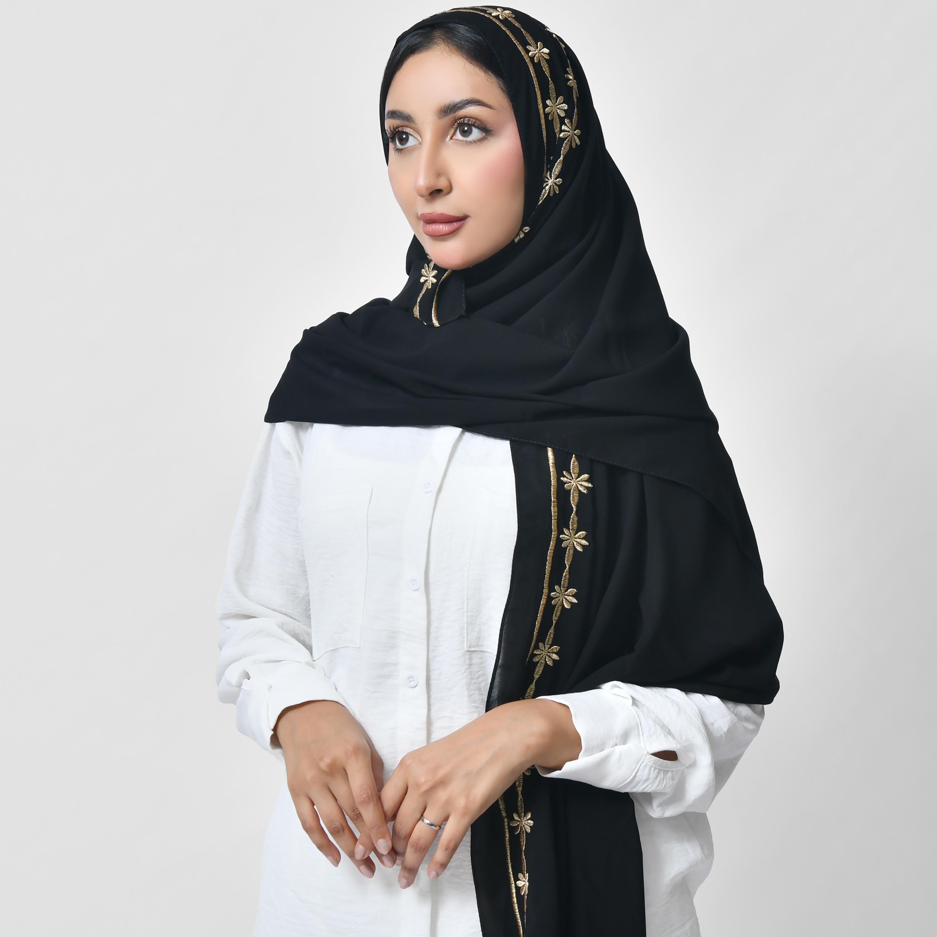 Hawraa Black Embroidered Silk Women's Scarf-women-arabicclothing-headscarf-hijab-image-1