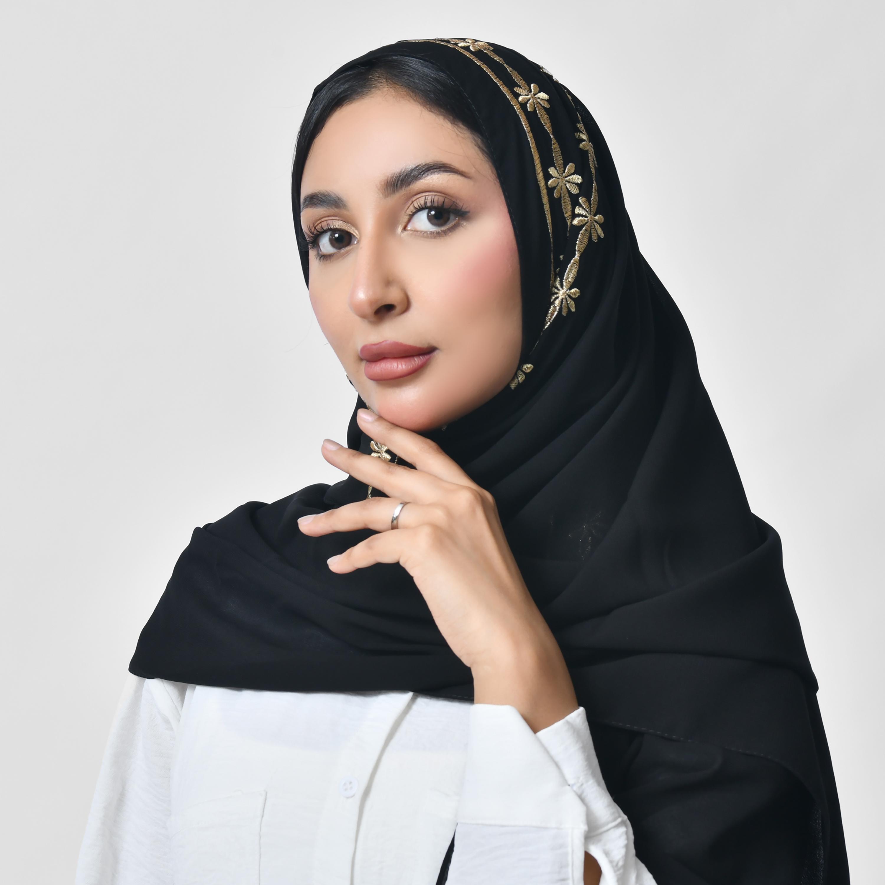 Hawraa Black Embroidered Silk Women's Scarf-women-arabicclothing-headscarf-hijab-image-3