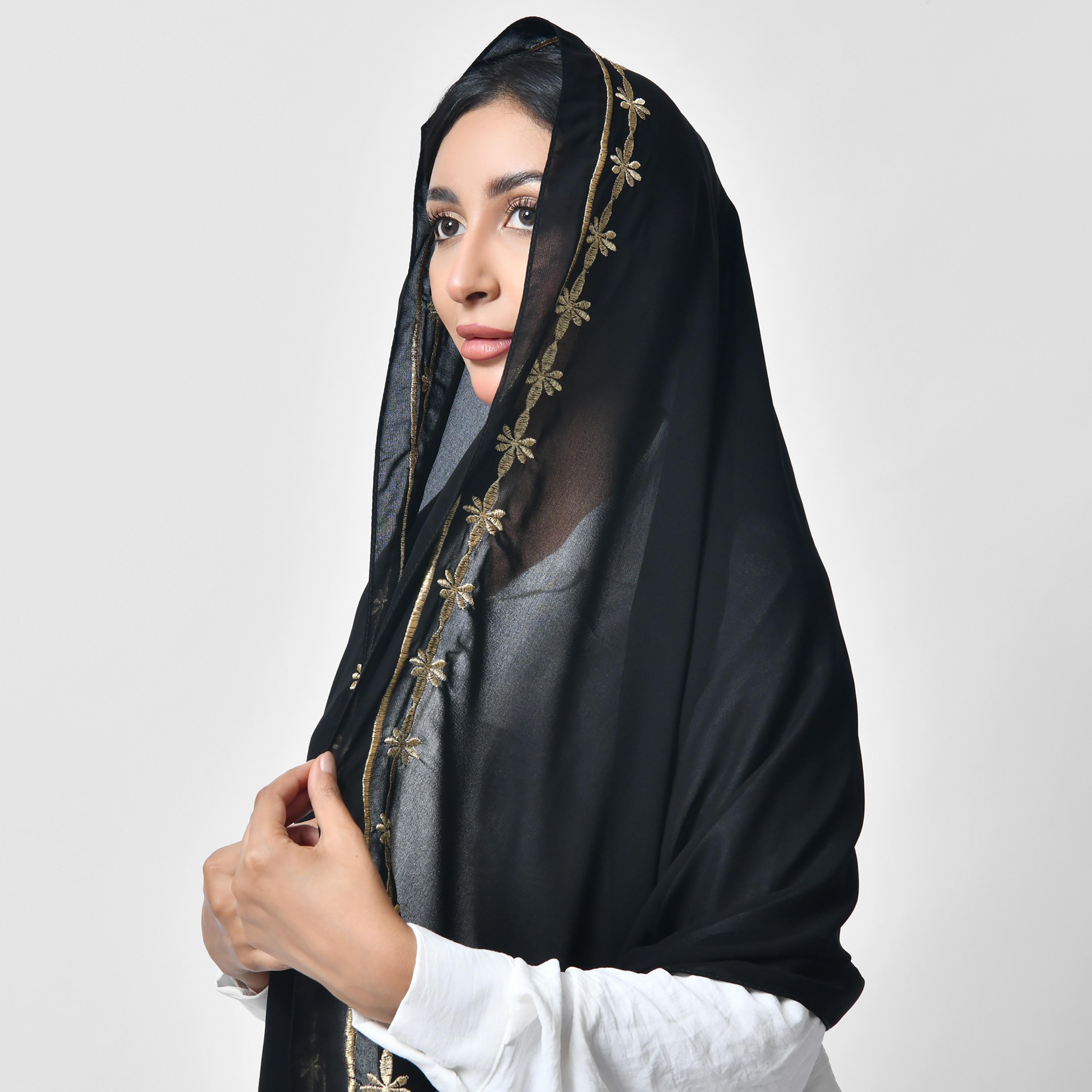 Hawraa Black Embroidered Silk Women's Veil-women-arabicclothing-headscarf-hijab-image-2