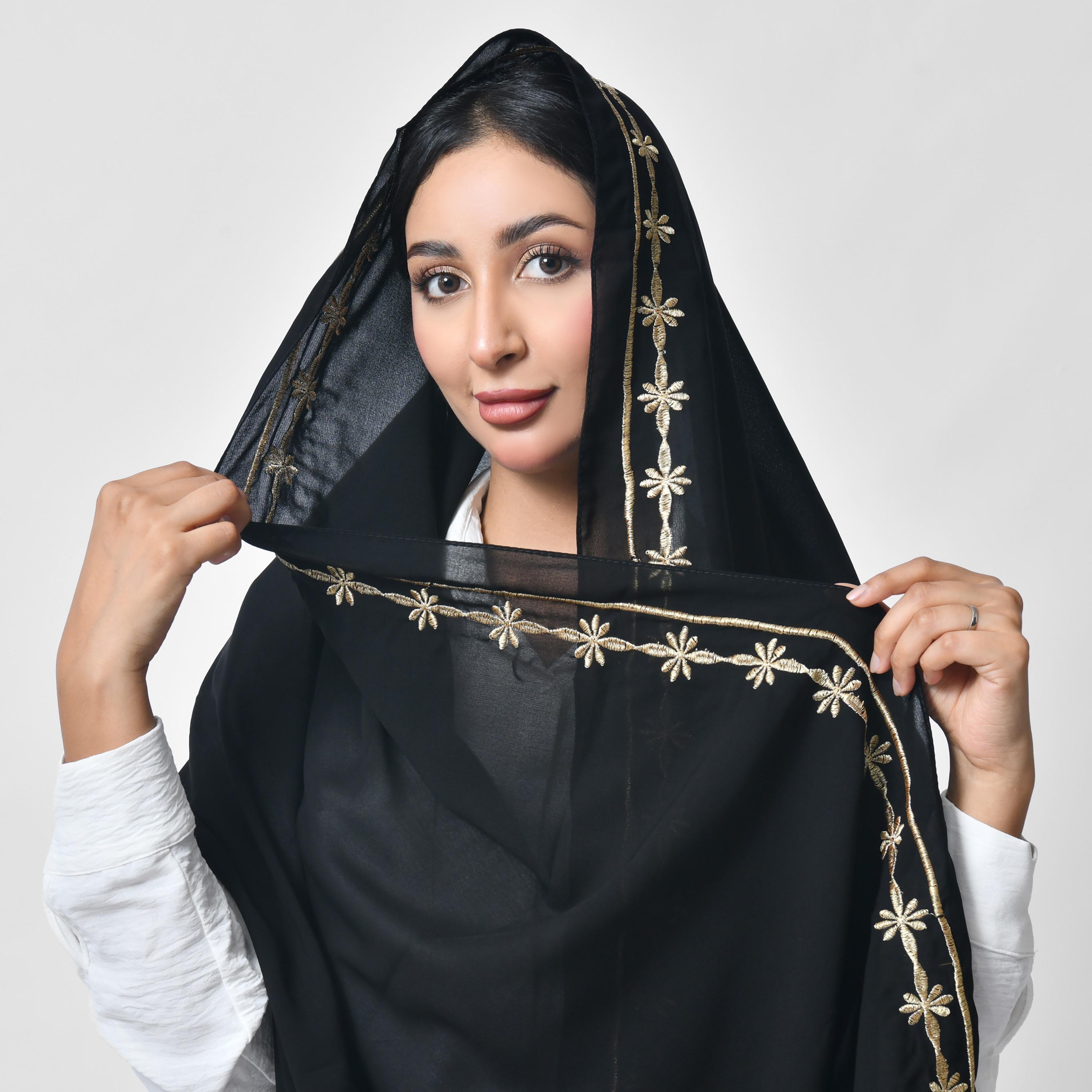 Hawraa Black Embroidered Silk Women's Veil-women-arabicclothing-headscarf-hijab-image-3