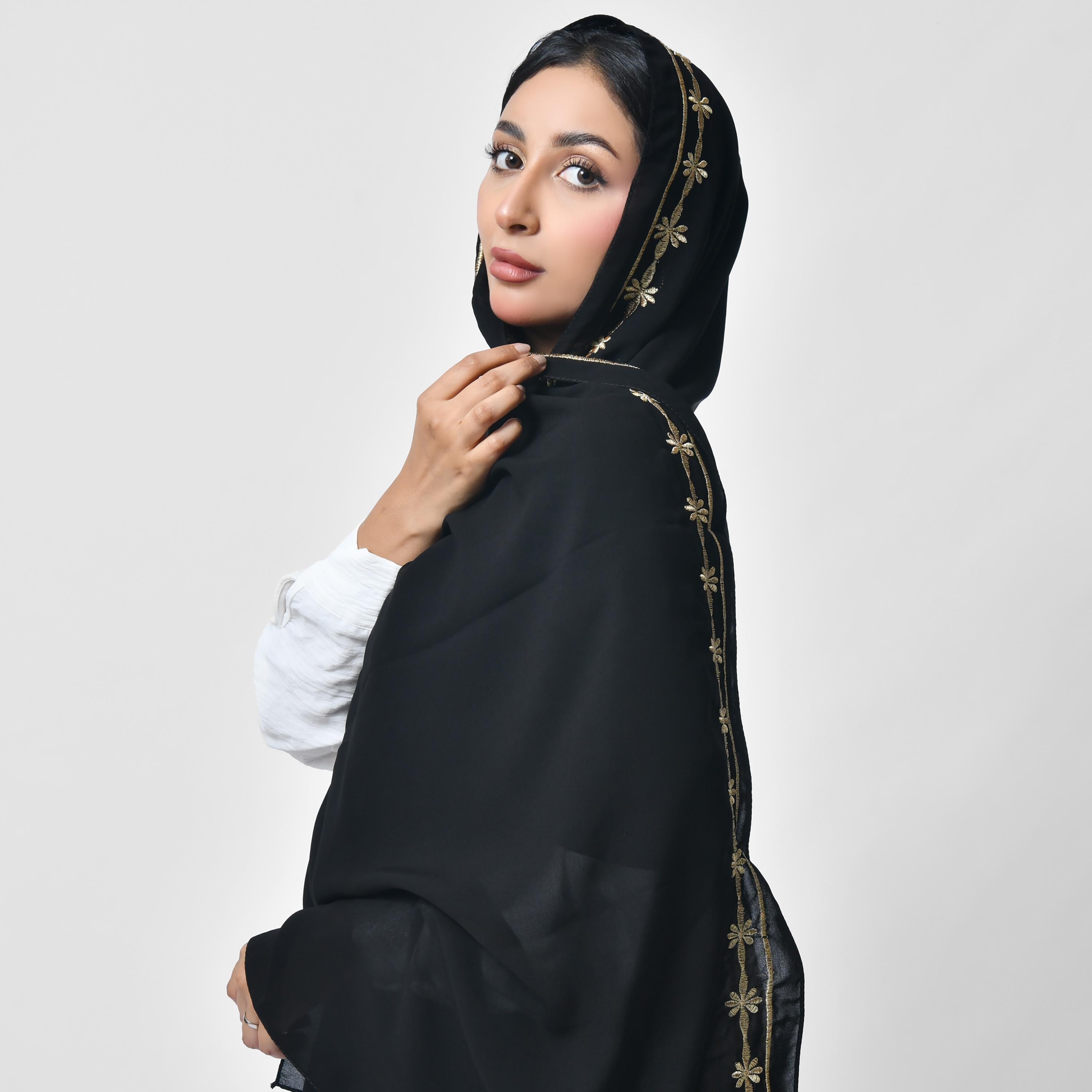 Hawraa Black Embroidered Silk Women's Veil-women-arabicclothing-headscarf-hijab-image-6