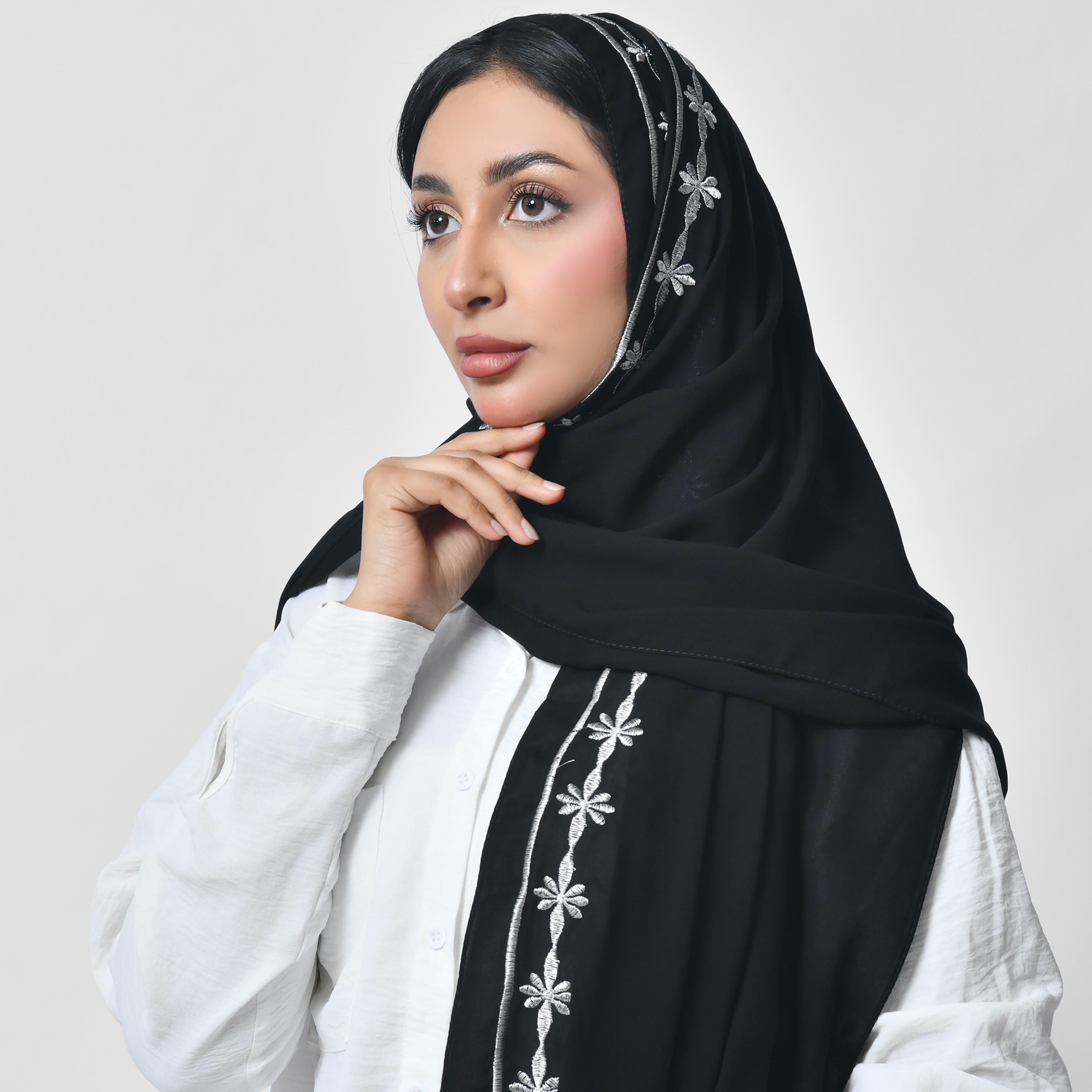 Hawraa Black Embroidered Silk Women's Scarf-women-arabicclothing-headscarf-hijab-image-8