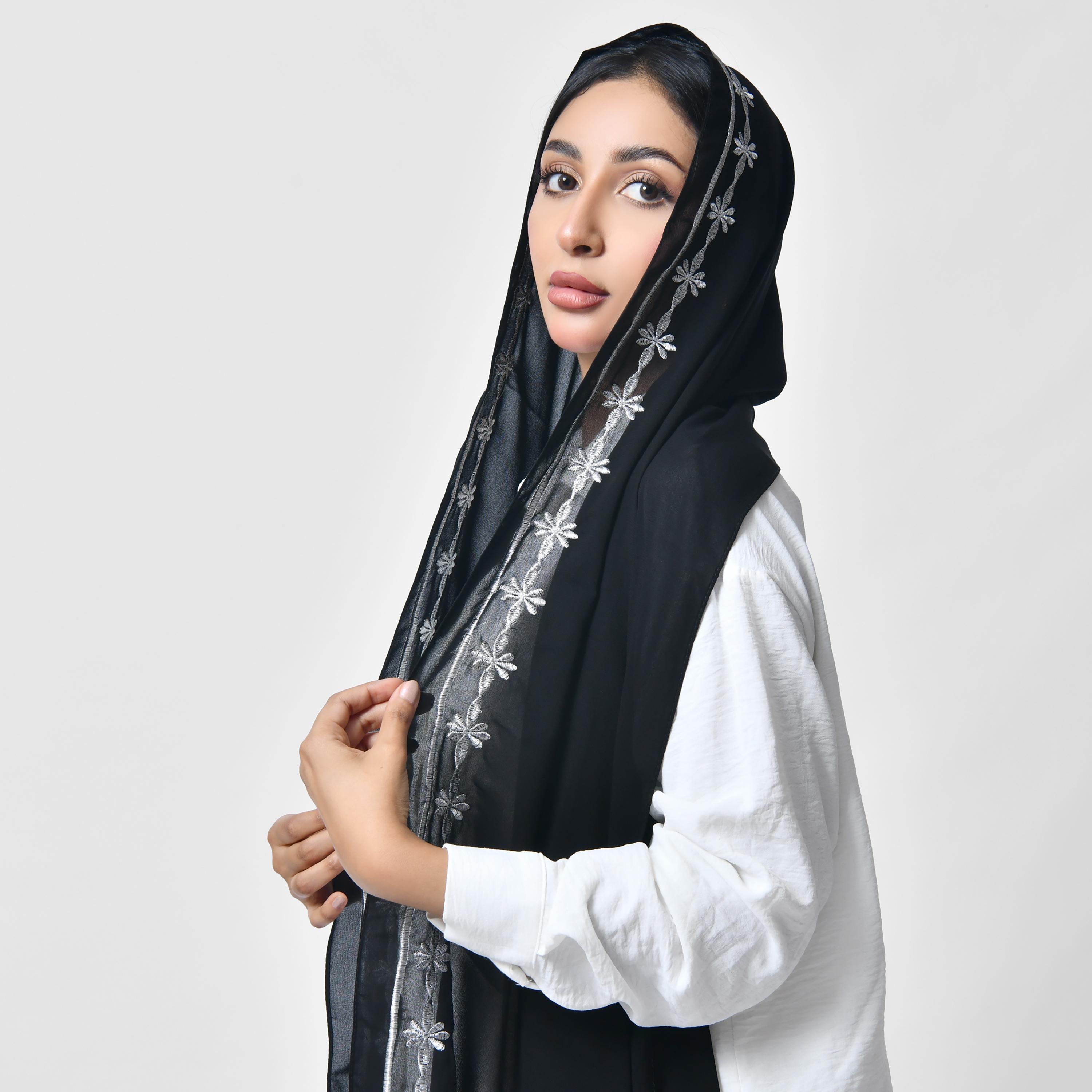Hawraa Black Embroidered Silk Women's Scarf-women-arabicclothing-headscarf-hijab-image-9