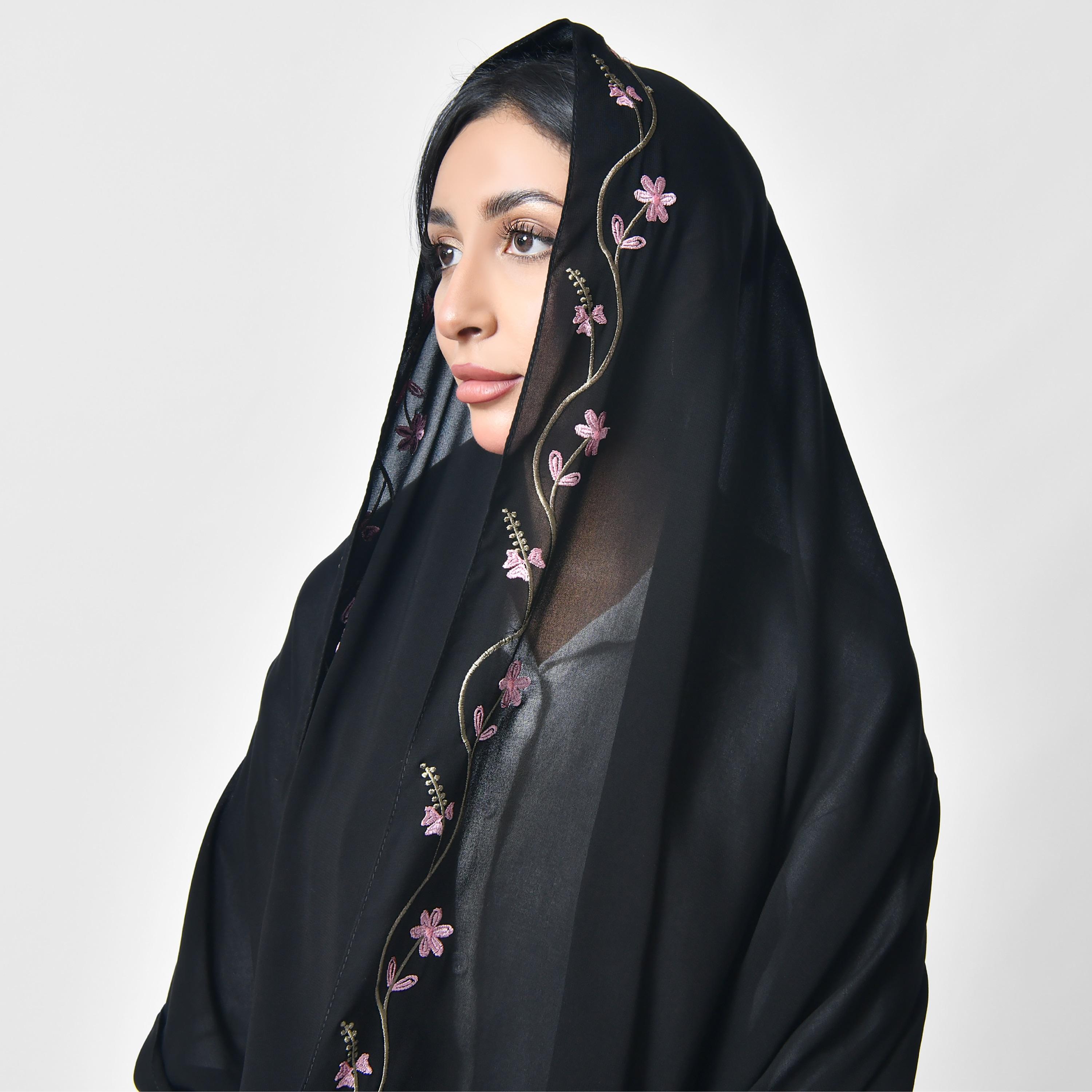 Hawraa Black Embroidered Silk Women's Veil-women-arabicclothing-headscarf-hijab-image-3