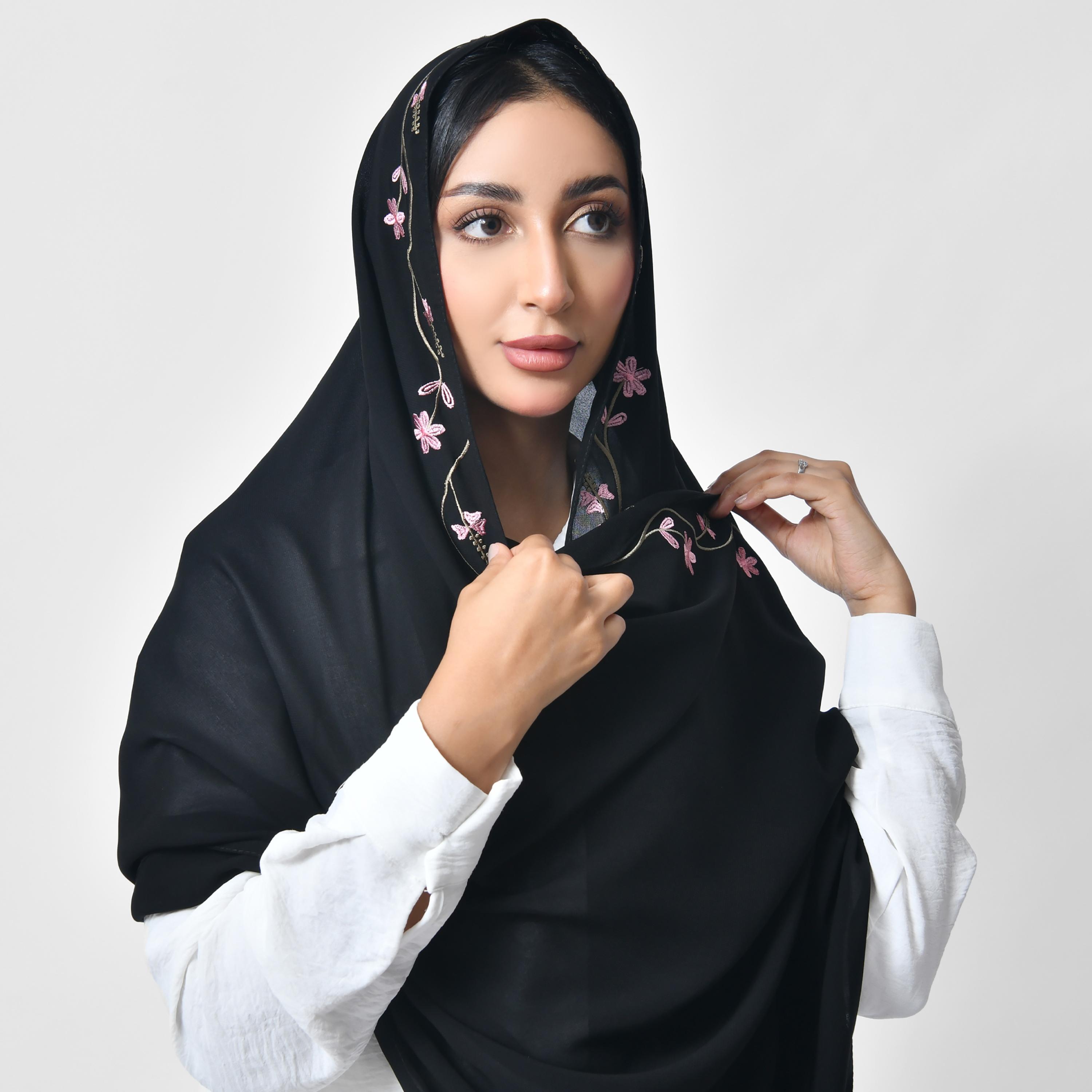 Hawraa Black Embroidered Silk Women's Veil-women-arabicclothing-headscarf-hijab-image-4