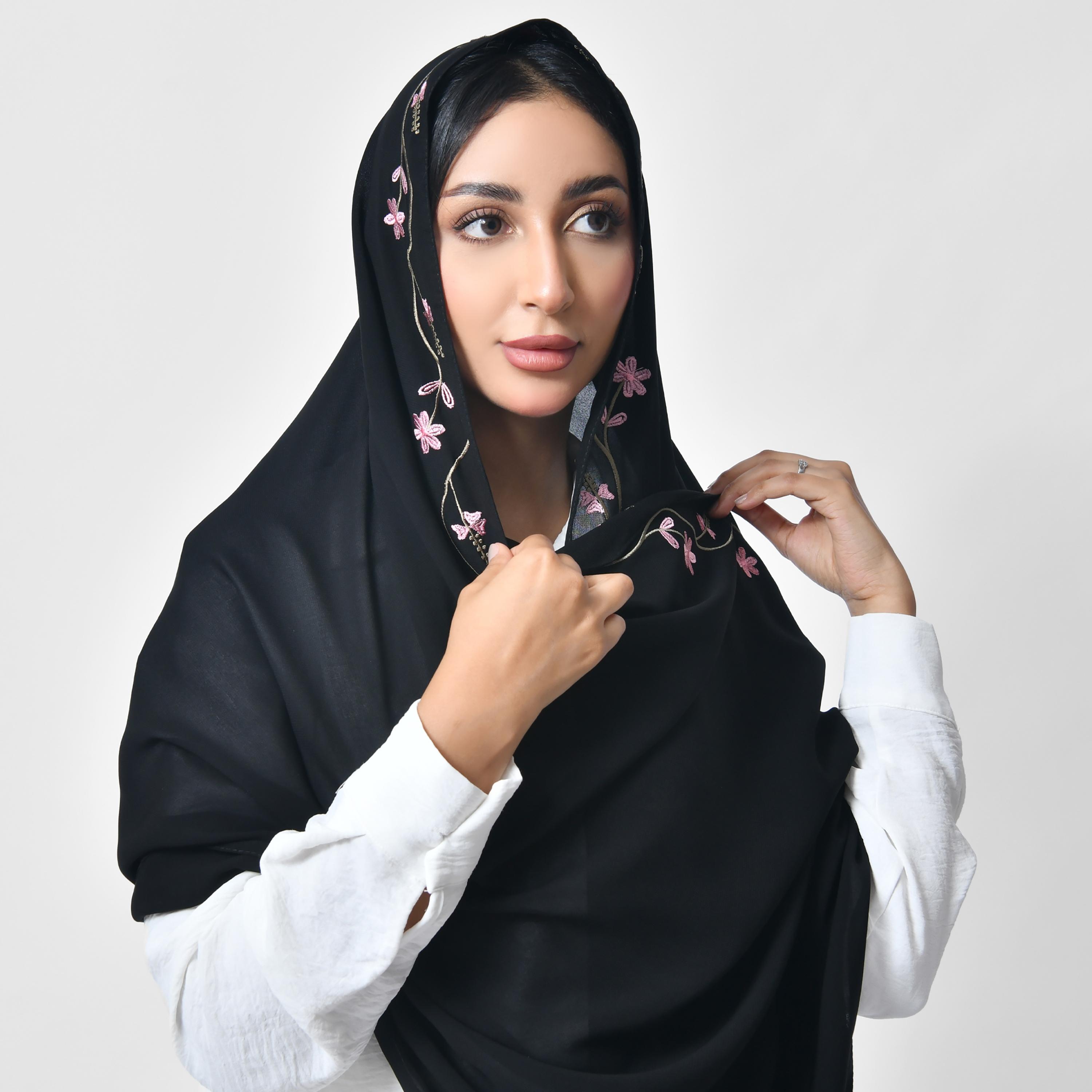 Hawraa Black Embroidered Silk Women's Scarf-women-arabicclothing-headscarf-hijab-image-1
