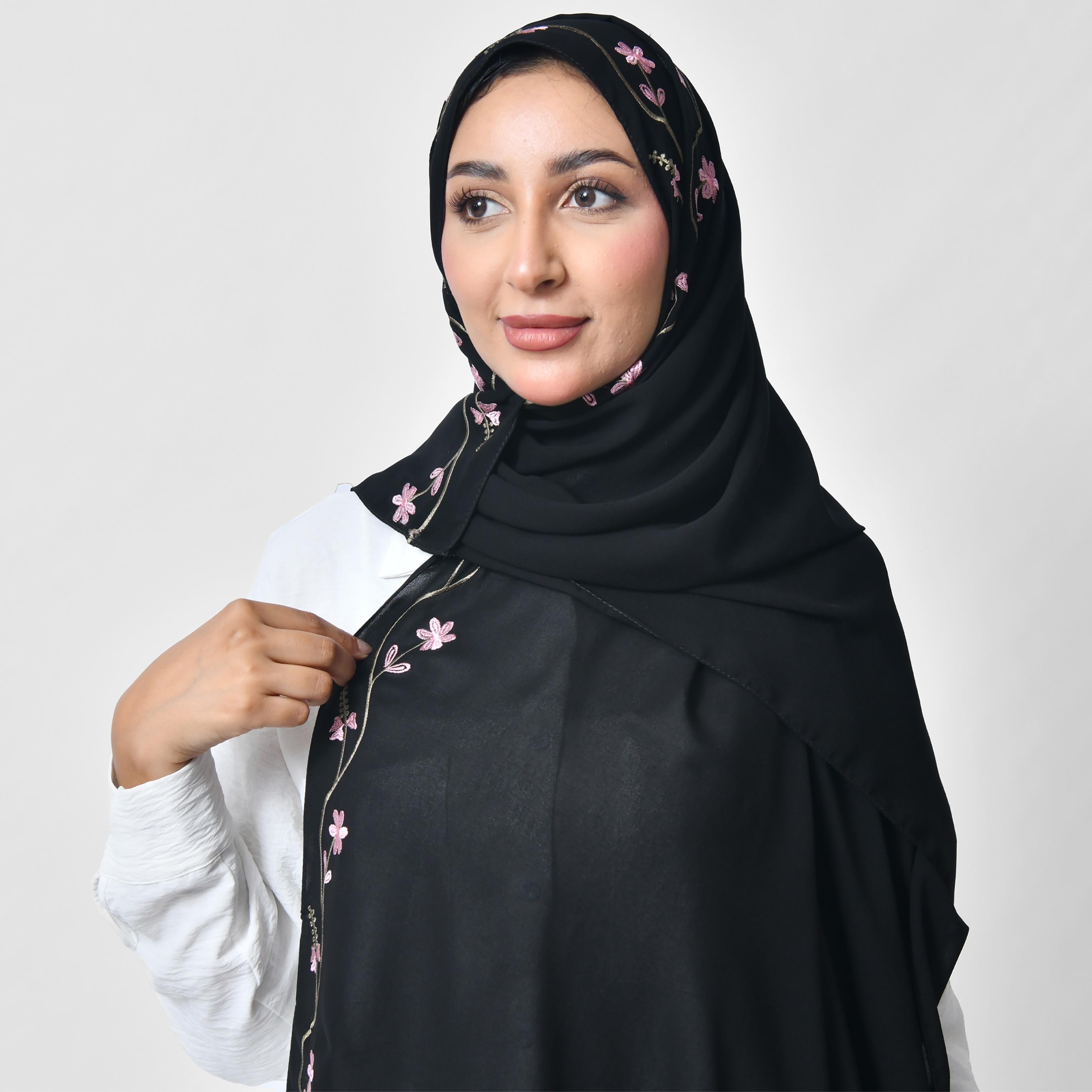 Hawraa Black Embroidered Silk Women's Scarf-women-arabicclothing-headscarf-hijab-image-3