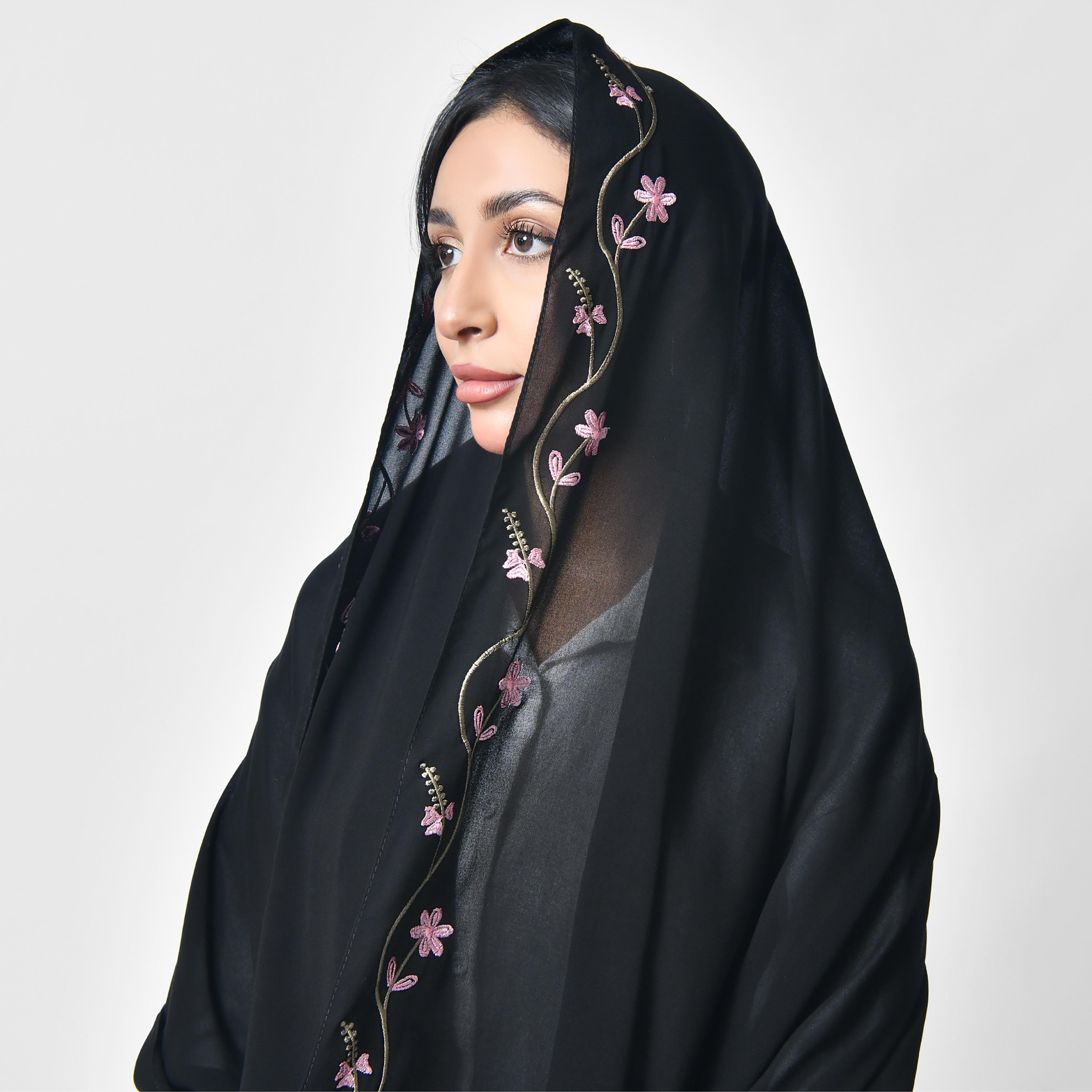 Hawraa Black Embroidered Silk Women's Scarf-women-arabicclothing-headscarf-hijab-image-4