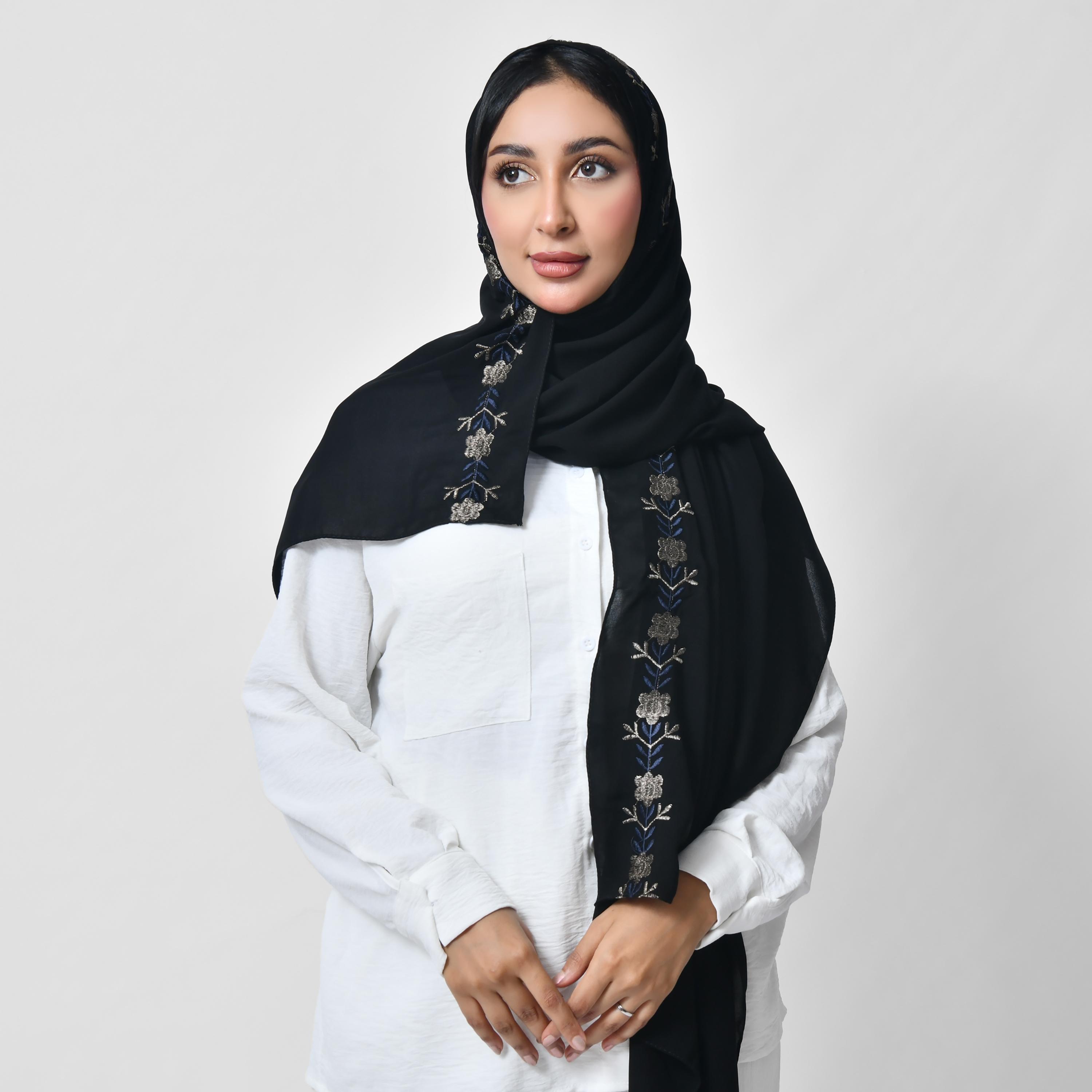 Hawraa Black Embroidered Silk Women's Scarf-women-arabicclothing-headscarf-hijab-image-1