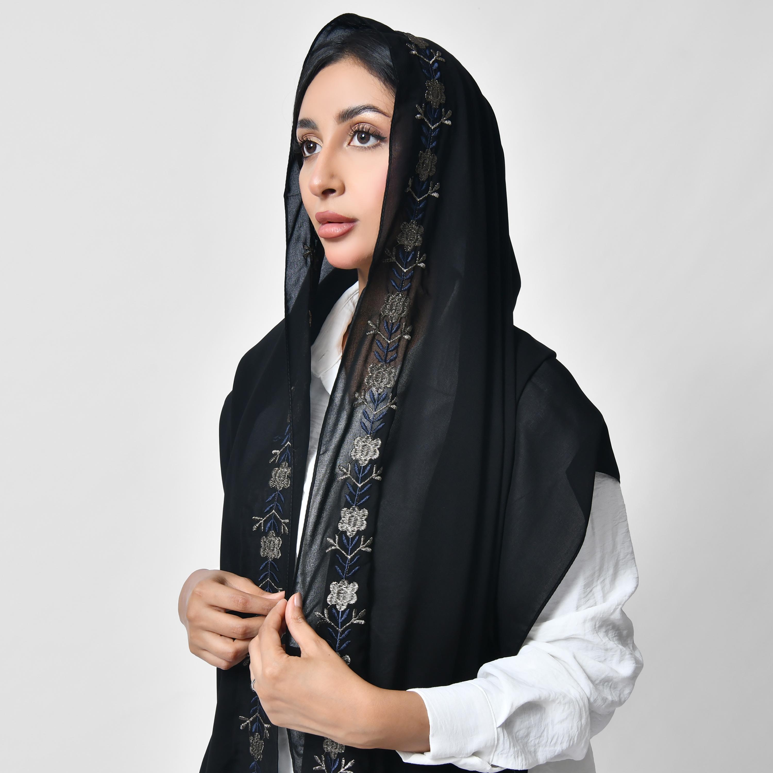 Hawraa Black Embroidered Silk Women's Scarf-women-arabicclothing-headscarf-hijab-image-2