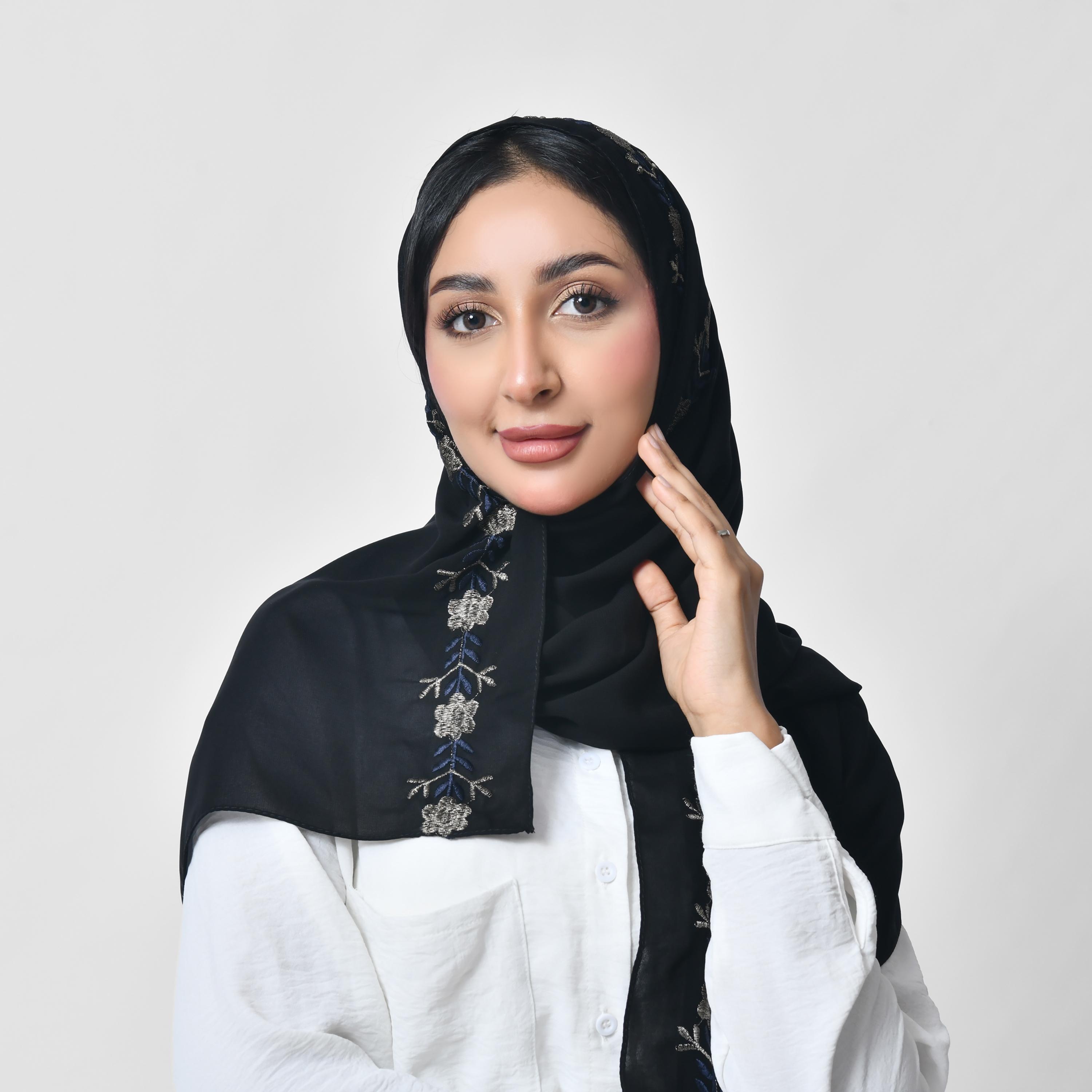 Hawraa Black Embroidered Silk Women's Scarf-women-arabicclothing-headscarf-hijab-image-3