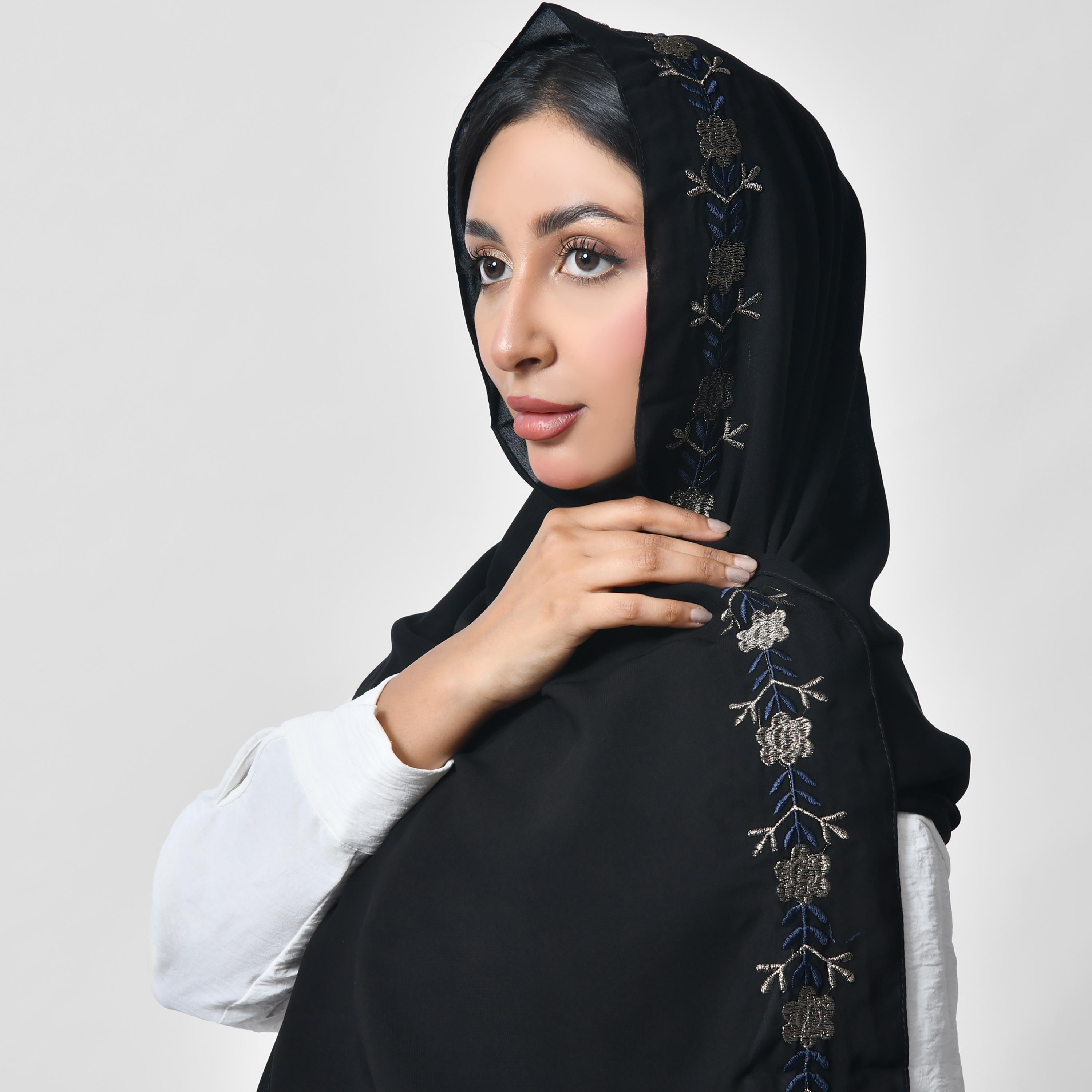 Hawraa Black Embroidered Silk Women's Scarf-women-arabicclothing-headscarf-hijab-image-4