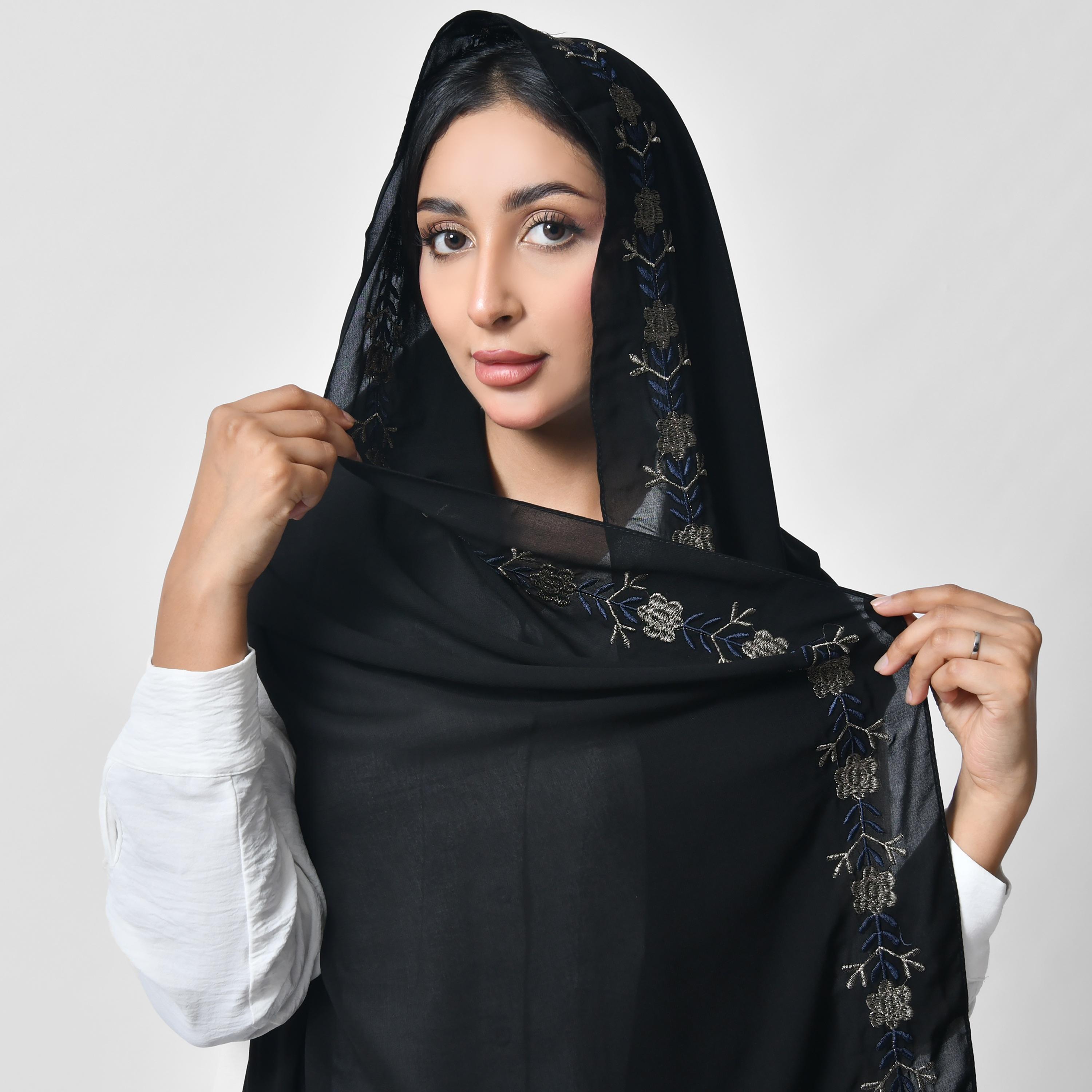 Hawraa Black Embroidered Silk Women's Scarf-women-arabicclothing-headscarf-hijab-image-5