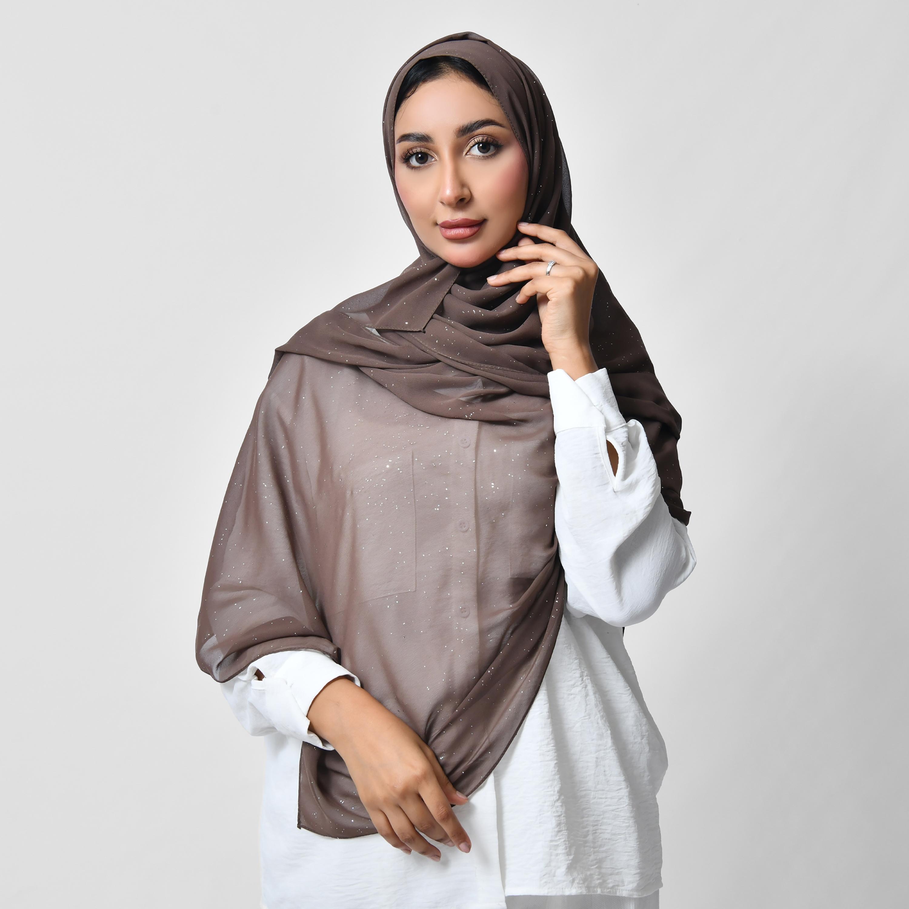 Hawraa Embellished Shiny Silver Print Chiffon Women's Scarf-women-arabicclothing-headscarf-hijab-image-1