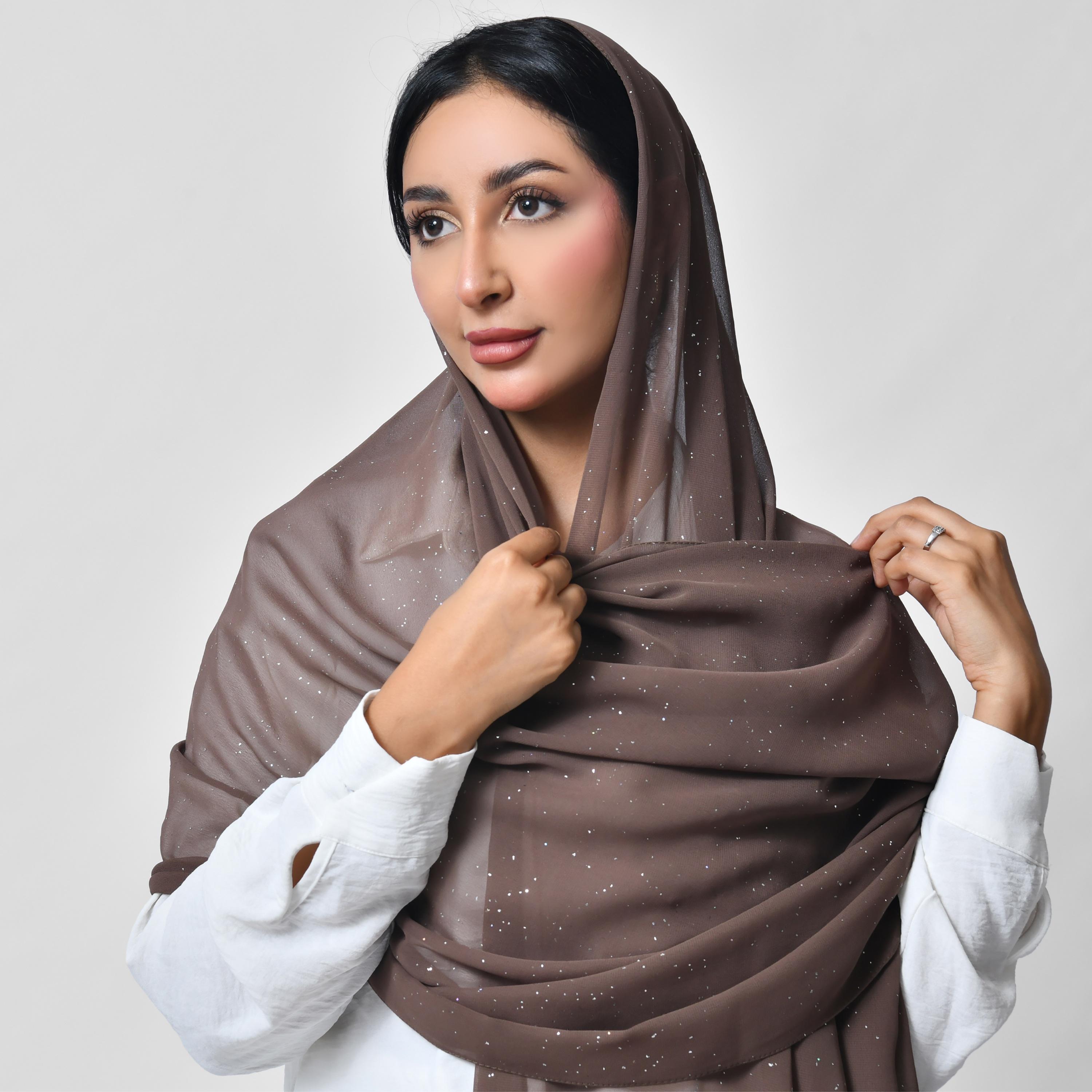 Hawraa Embellished Shiny Silver Print Chiffon Women's Scarf-women-arabicclothing-headscarf-hijab-image-2