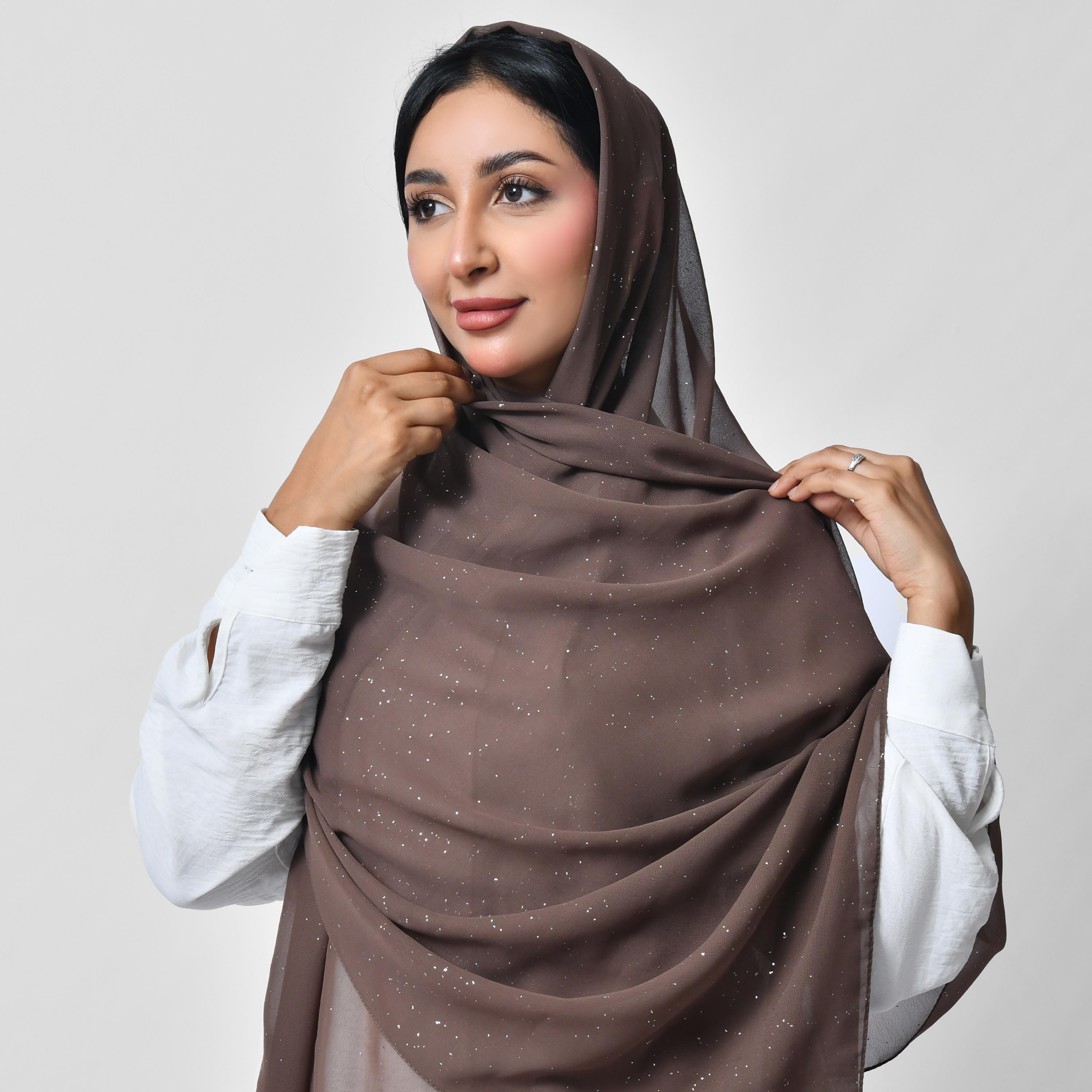 Hawraa Embellished Shiny Silver Print Chiffon Women's Scarf-women-arabicclothing-headscarf-hijab-image-4