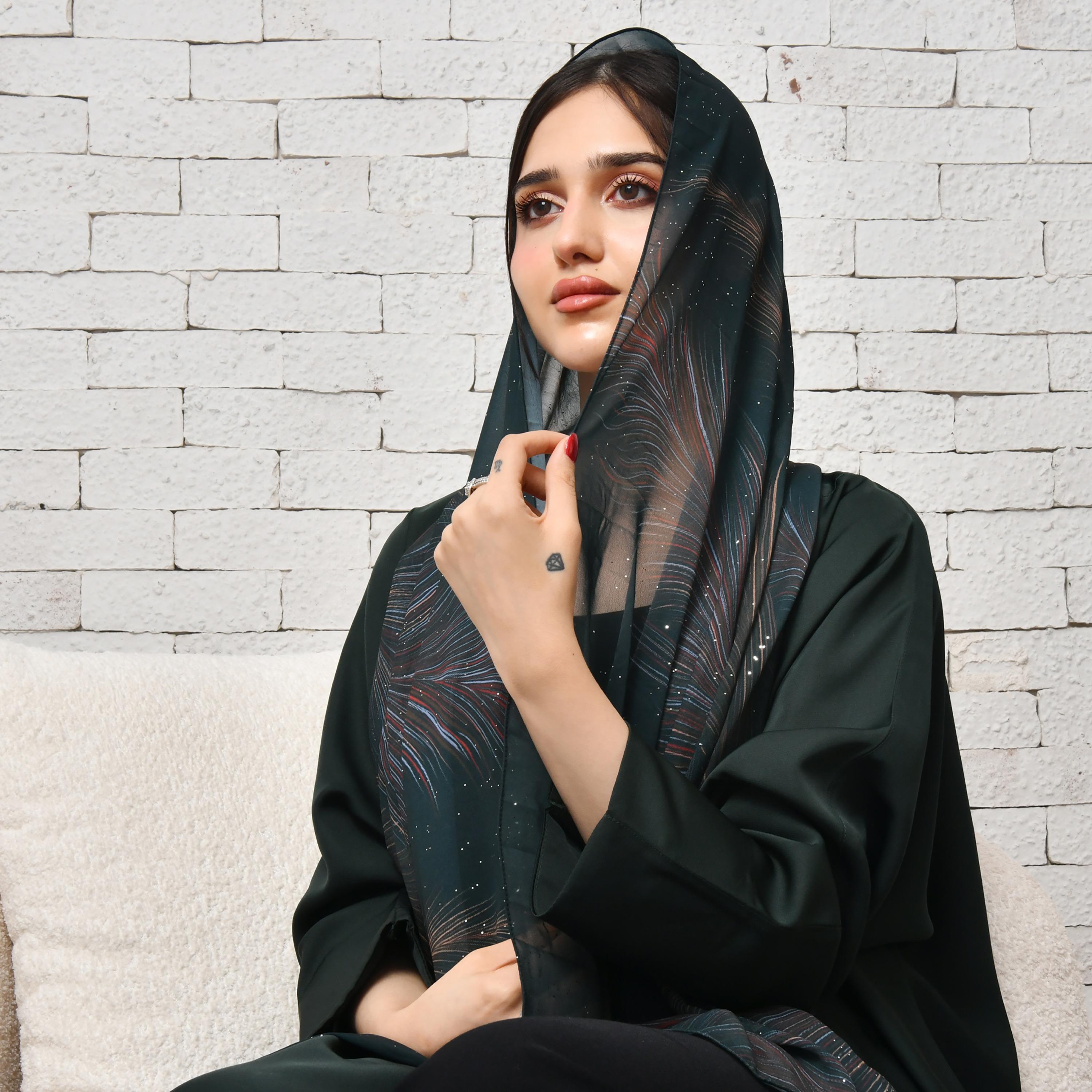 Hawraa Green Embellished and Printed Silk Women's Veil-women-arabicclothing-headscarf-hijab-image-1