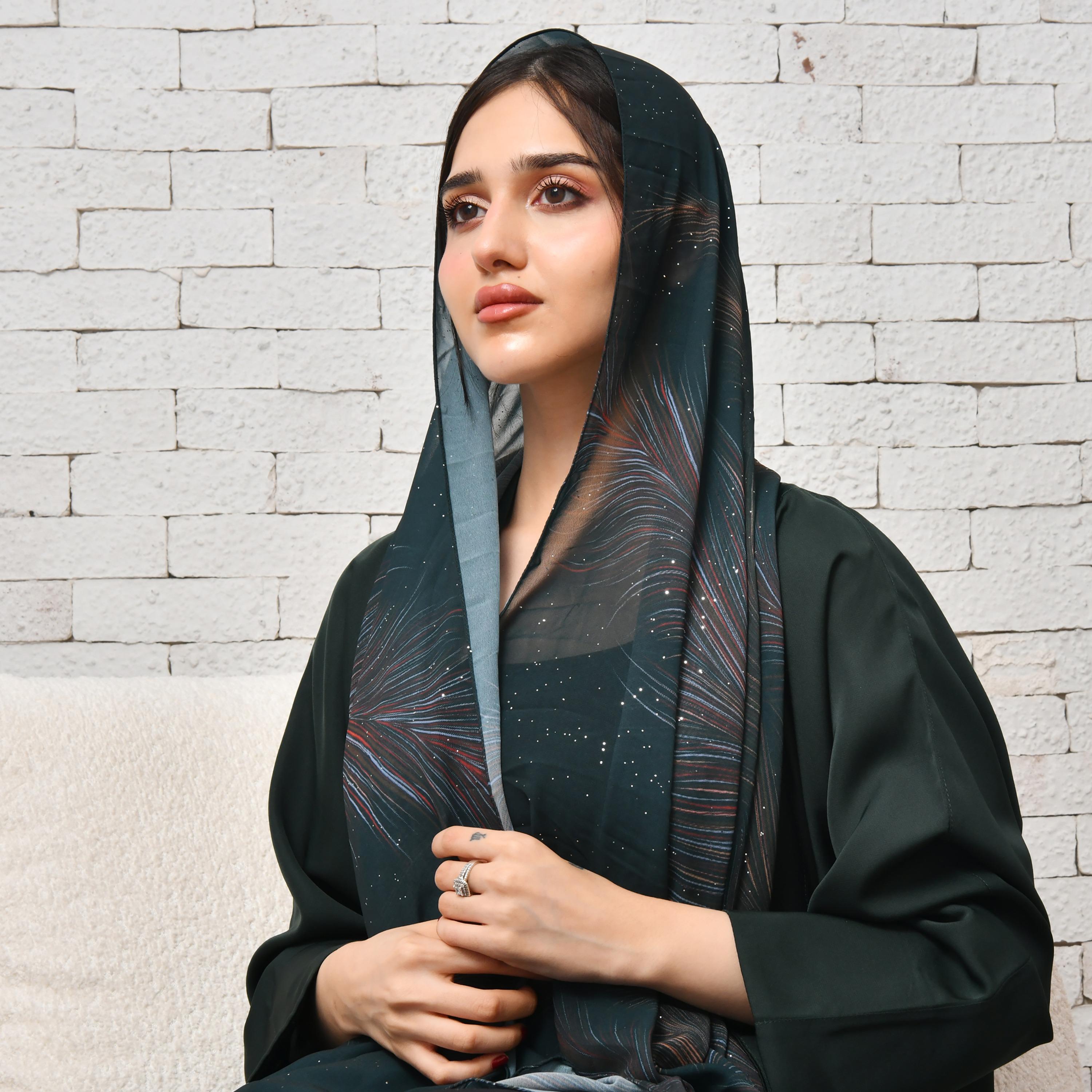 Hawraa Green Embellished and Printed Silk Women's Veil-women-arabicclothing-headscarf-hijab-image-2