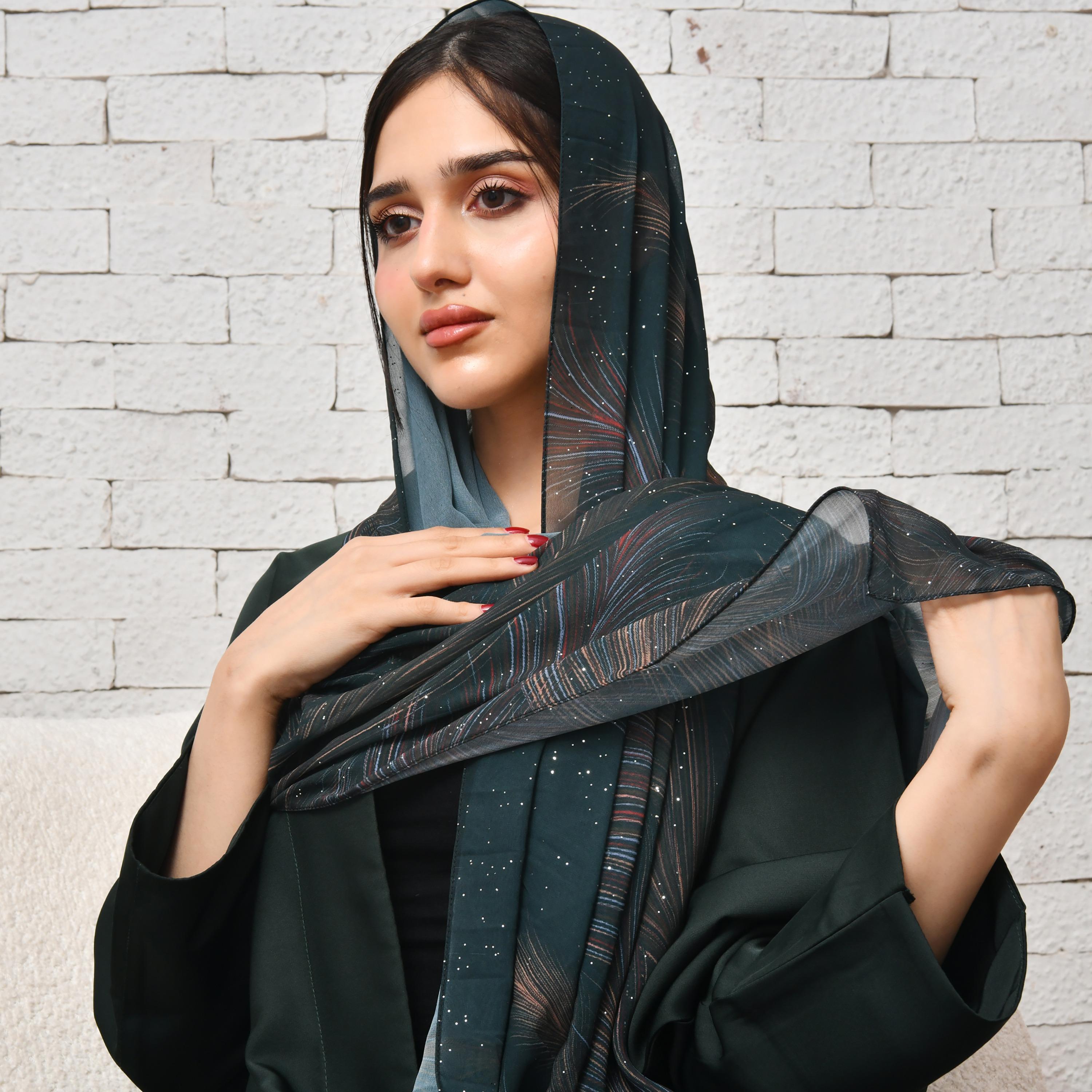 Hawraa Green Embellished and Printed Silk Women's Veil-women-arabicclothing-headscarf-hijab-image-3