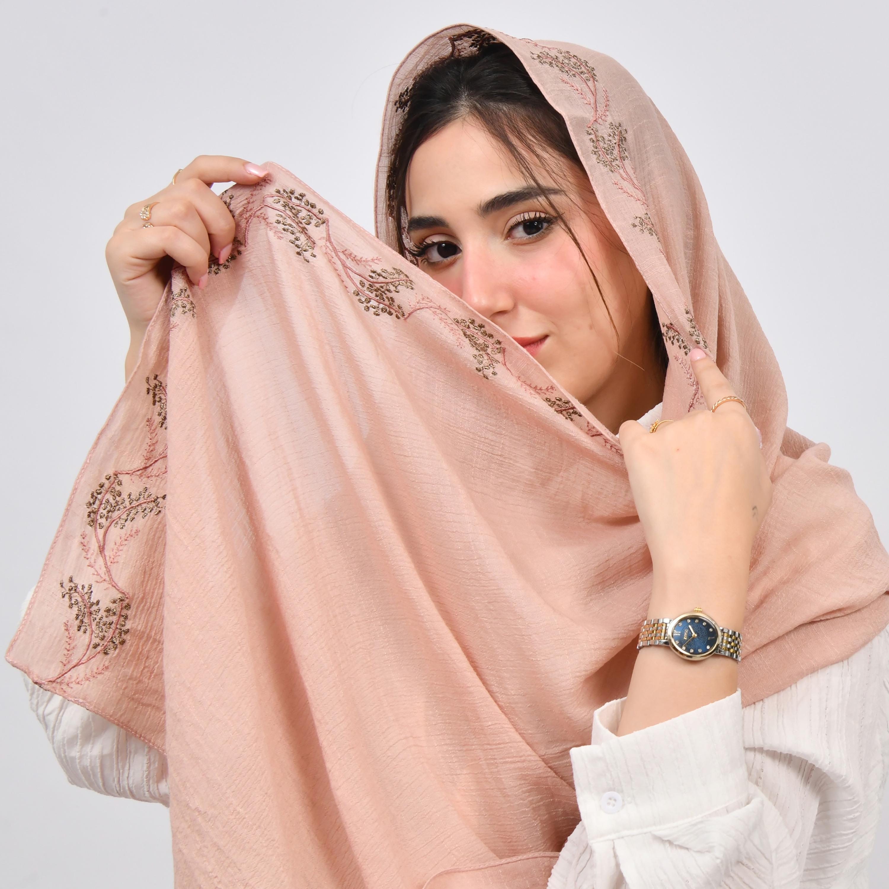 Hawraa Pink Embroidered Linen Women's Scarf-women-arabicclothing-headscarf-hijab-image-1