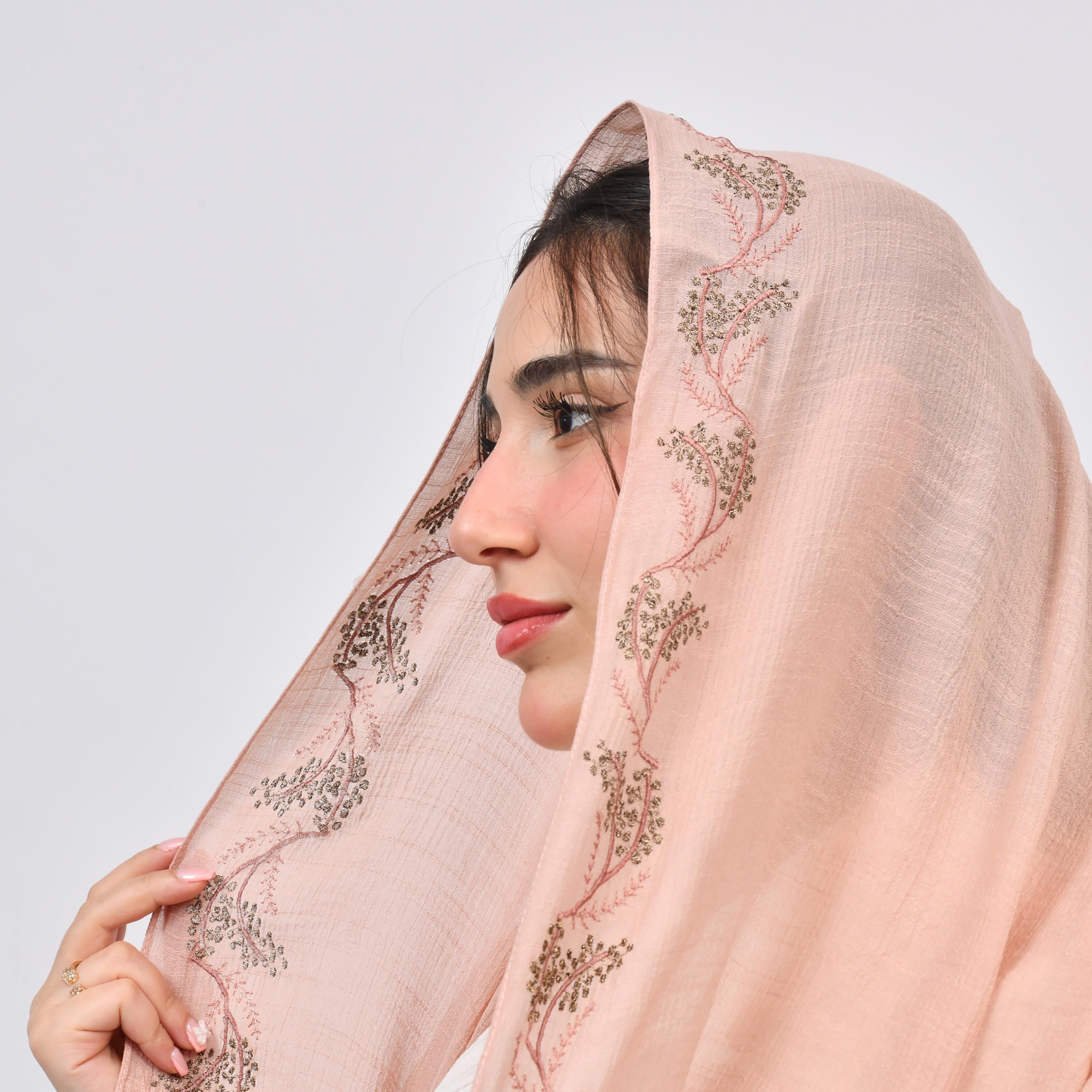 Hawraa Pink Embroidered Linen Women's Scarf-women-arabicclothing-headscarf-hijab-image-2