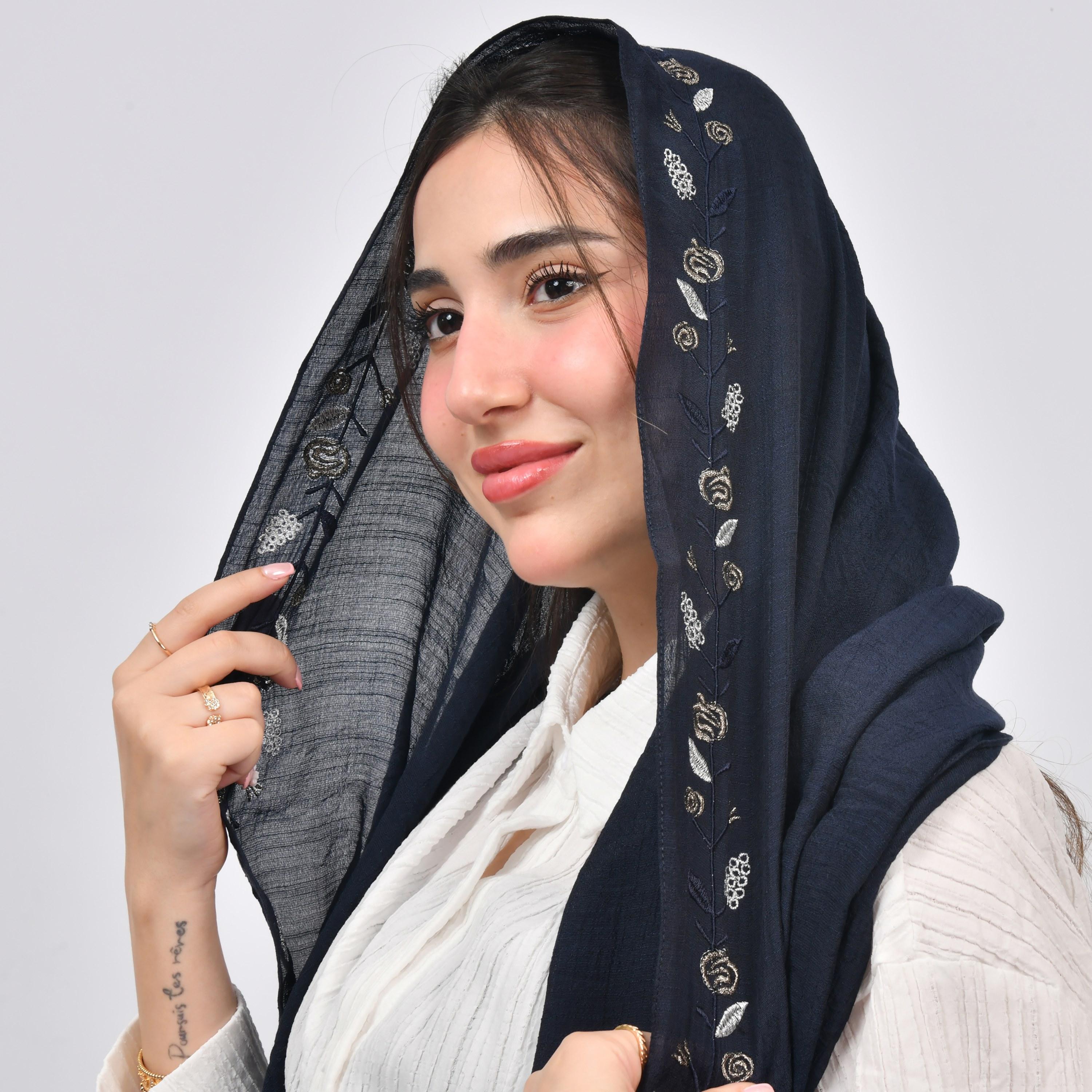 Hawraa Blue Embroidered Linen Women's Scarf-women-arabicclothing-headscarf-hijab-image-1