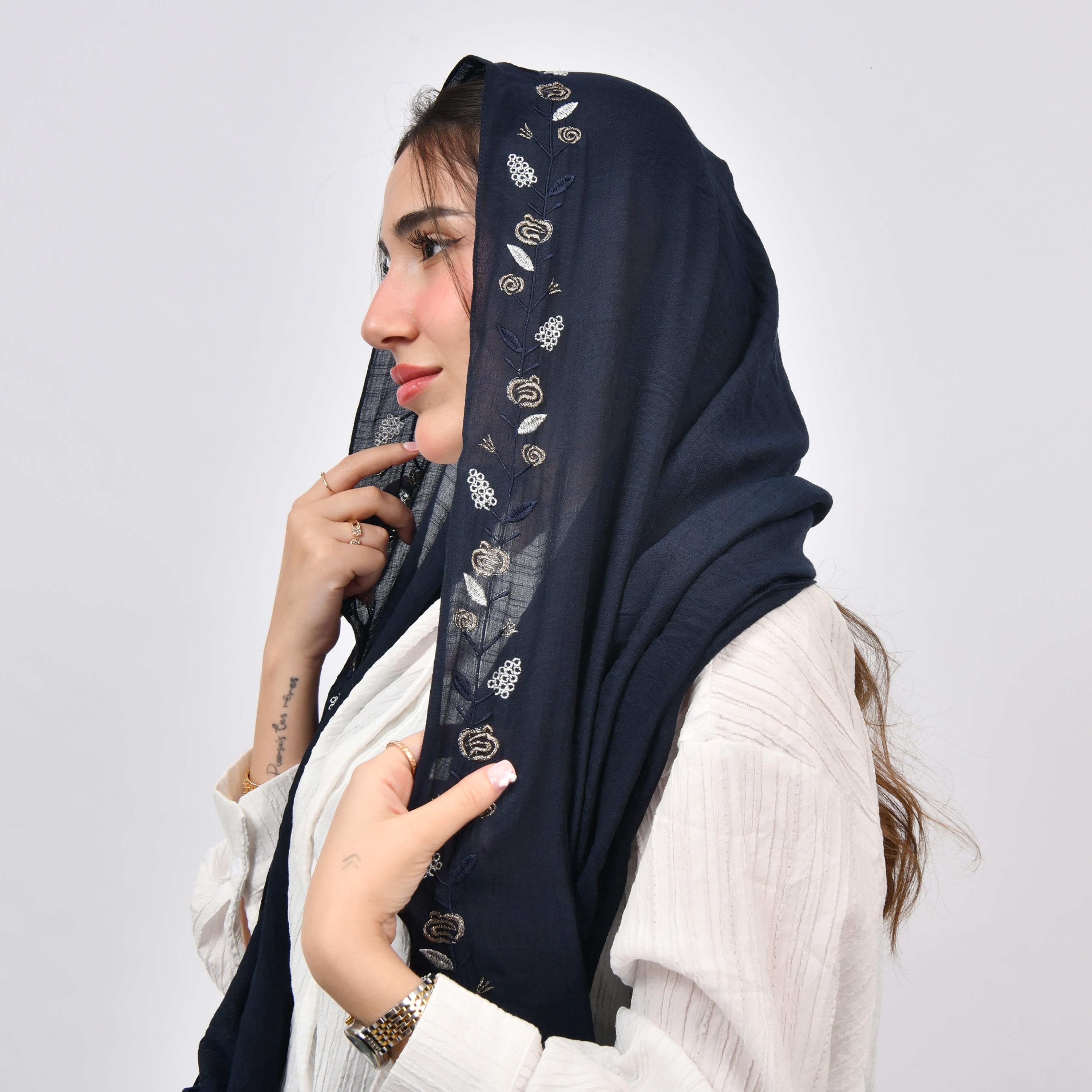 Hawraa Blue Embroidered Linen Women's Scarf-women-arabicclothing-headscarf-hijab-image-1